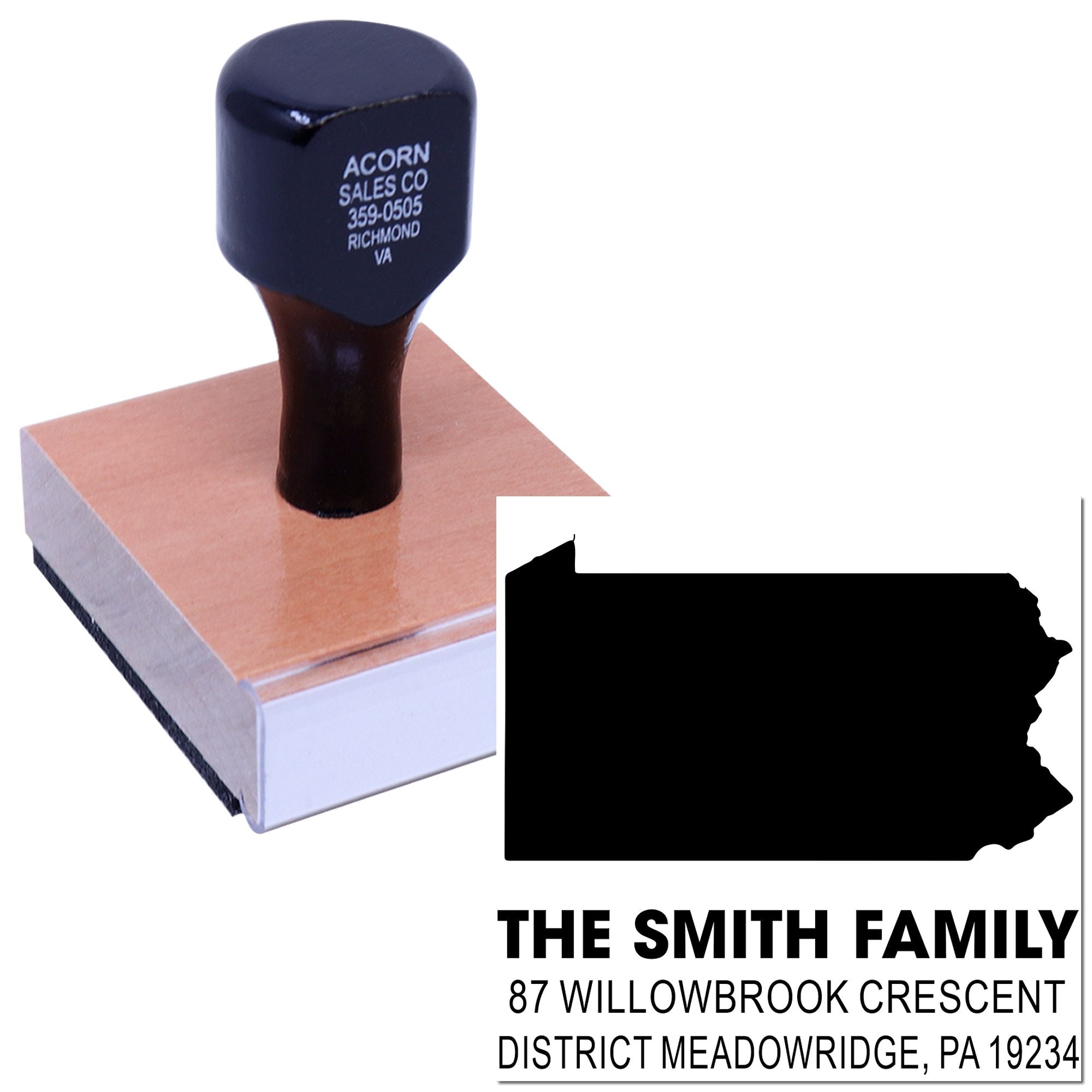 Custom rubber address stamp with Pennsylvania silhouette for The Smith Family envelopes and mailing labels.