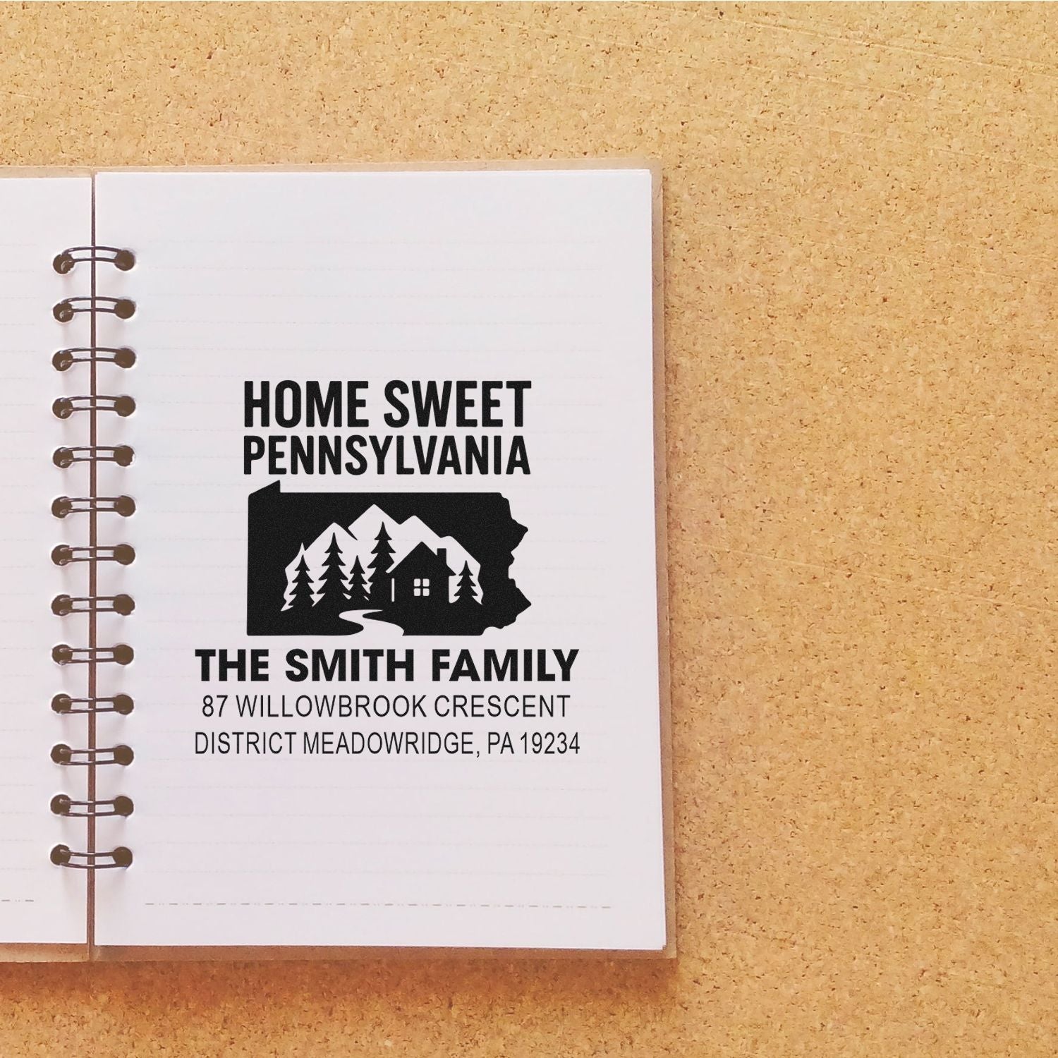 Personalized Pennsylvania family return address rubber stamp with state silhouette, custom name, and address.