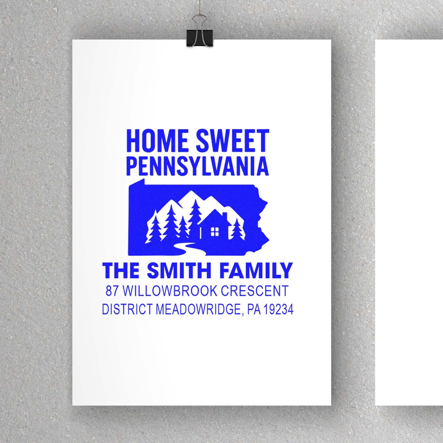 Custom Pennsylvania return address rubber stamp for The Smith Family with home, mountain and address design.