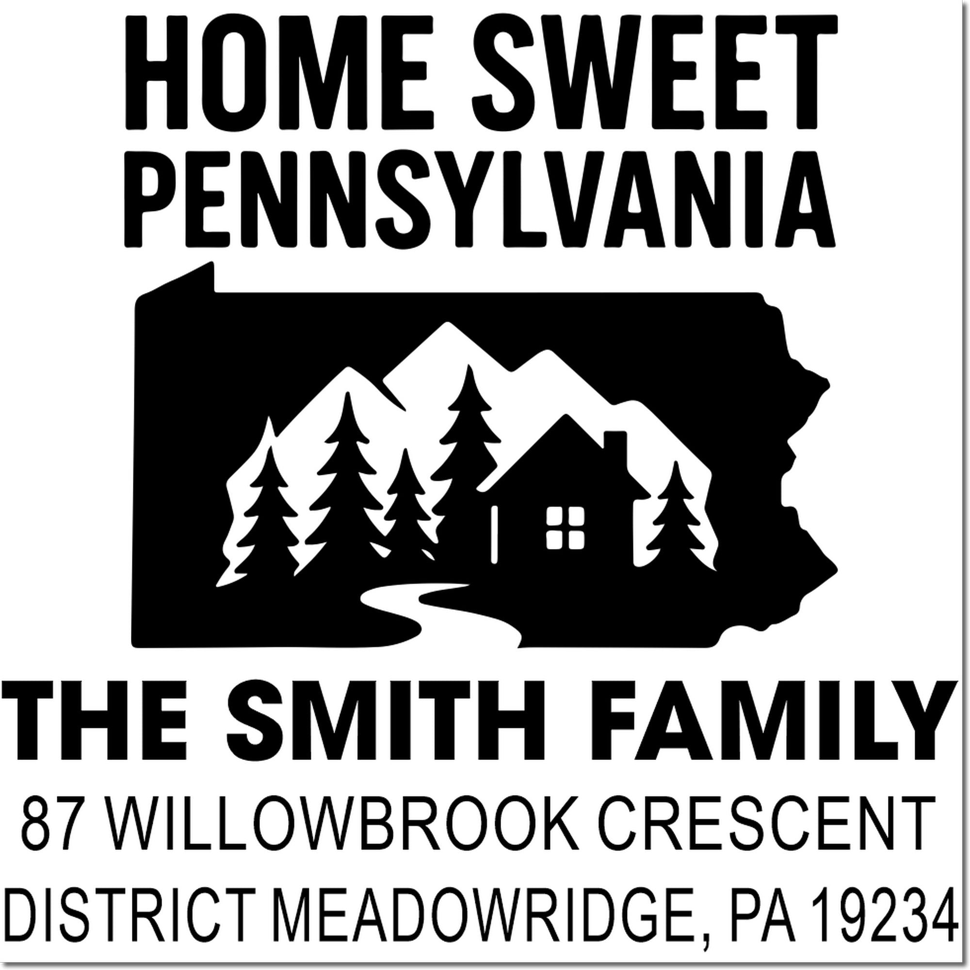 Custom Pennsylvania return address rubber stamp for The Smith Family, with cabin and trees and 87 Willowbrook Crescent, Meadowridge, PA.
