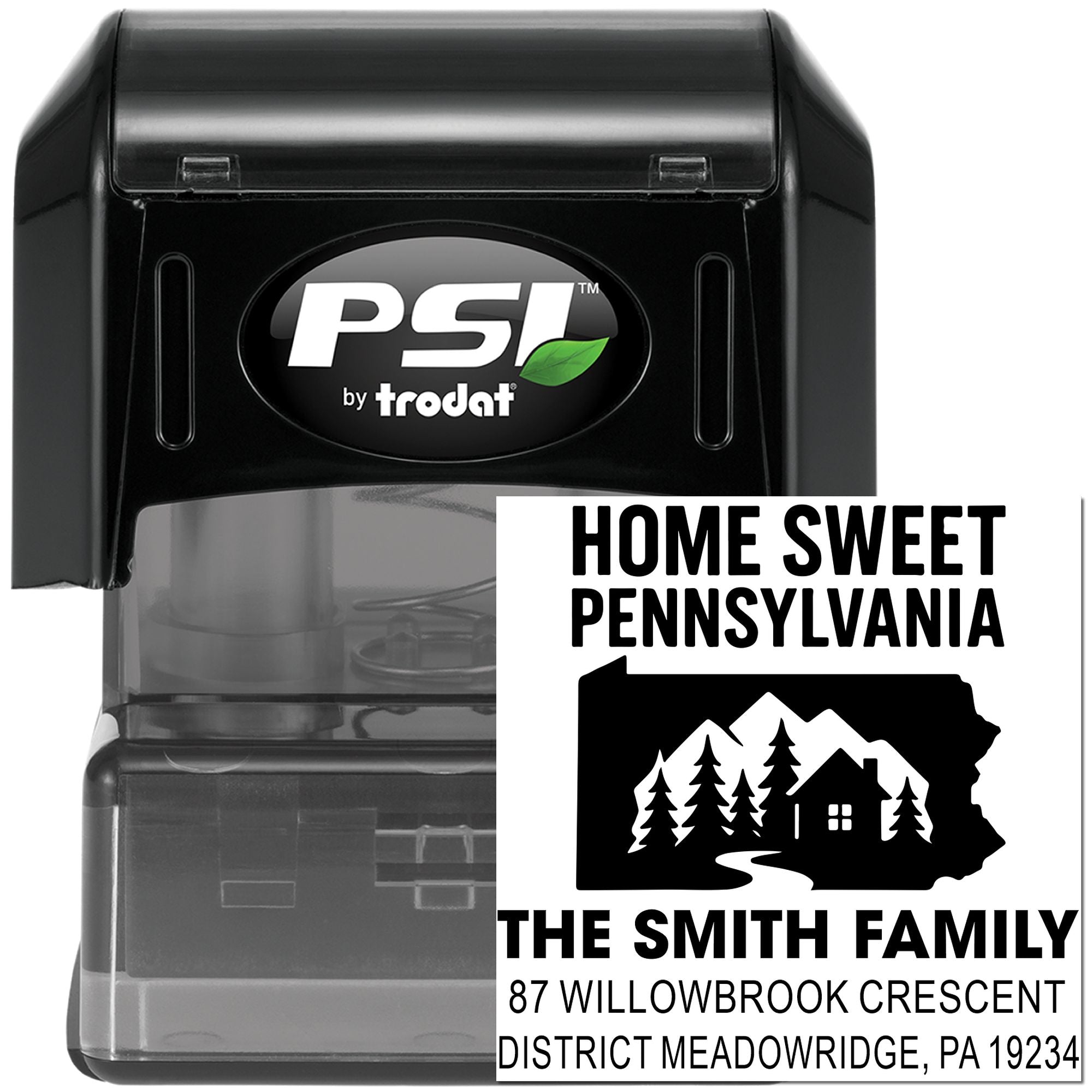 Custom Pennsylvania address rubber stamp with Home Sweet Pennsylvania design and family name for personalized mailing.