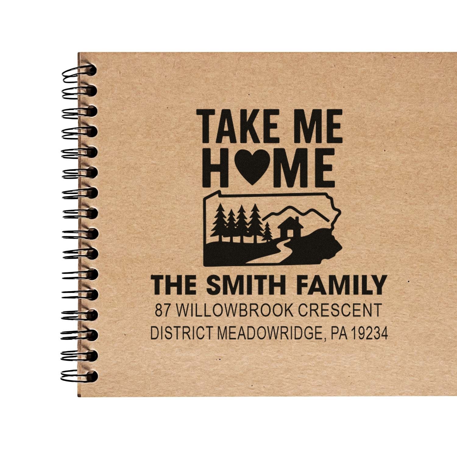 Personalized family address rubber stamp with Take Me Home text, Pennsylvania outline, house, trees, and custom mailing address.