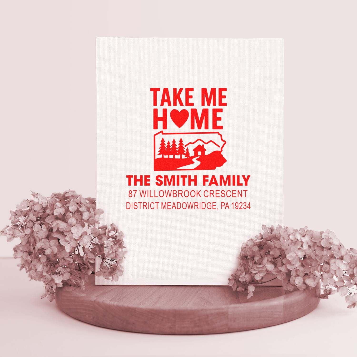 Custom return address rubber stamp featuring Take Me Home state design for The Smith Family, ideal for home and mailing use.