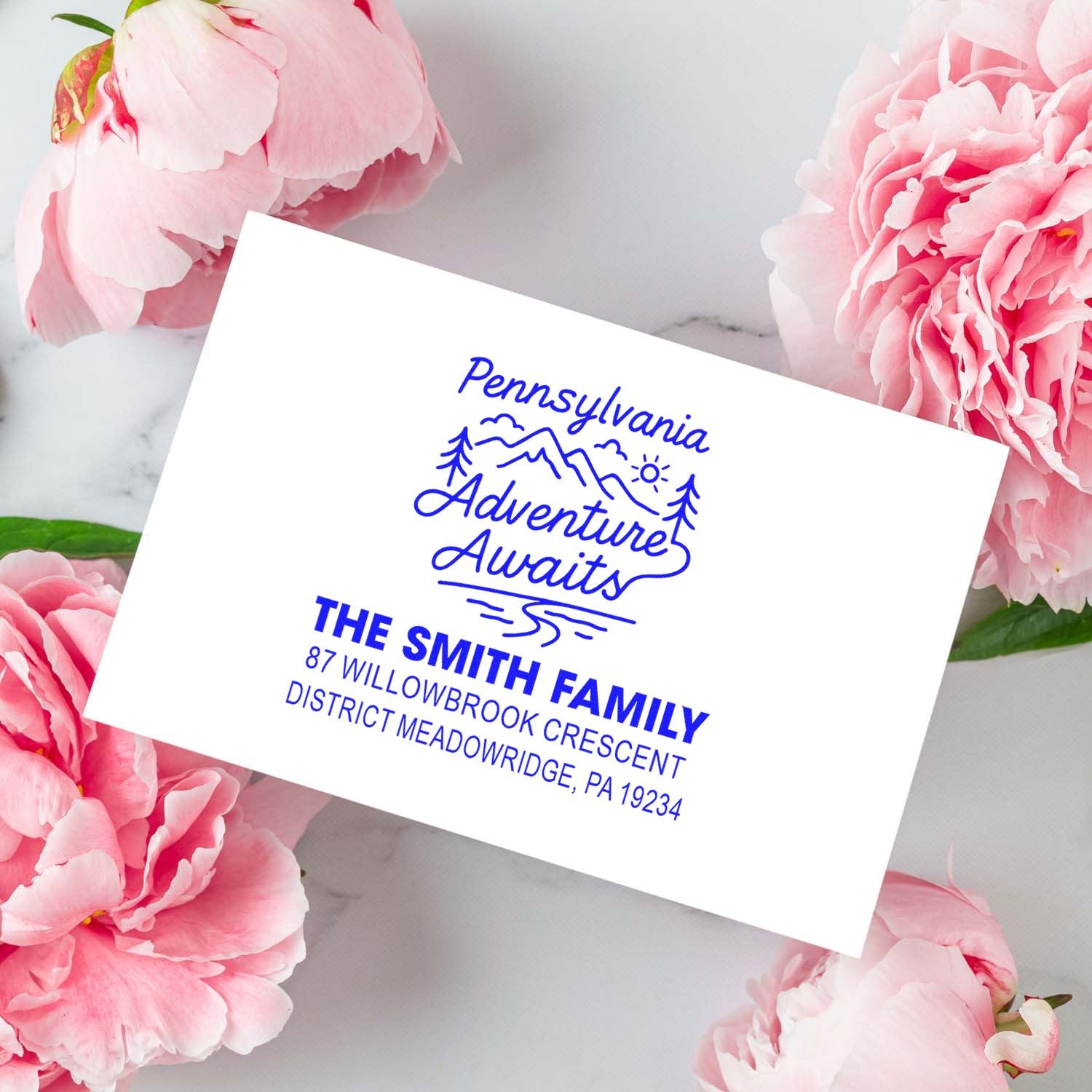 Custom return address rubber stamp for The Smith Family, featuring Pennsylvania Adventure Awaits design and personalized address.