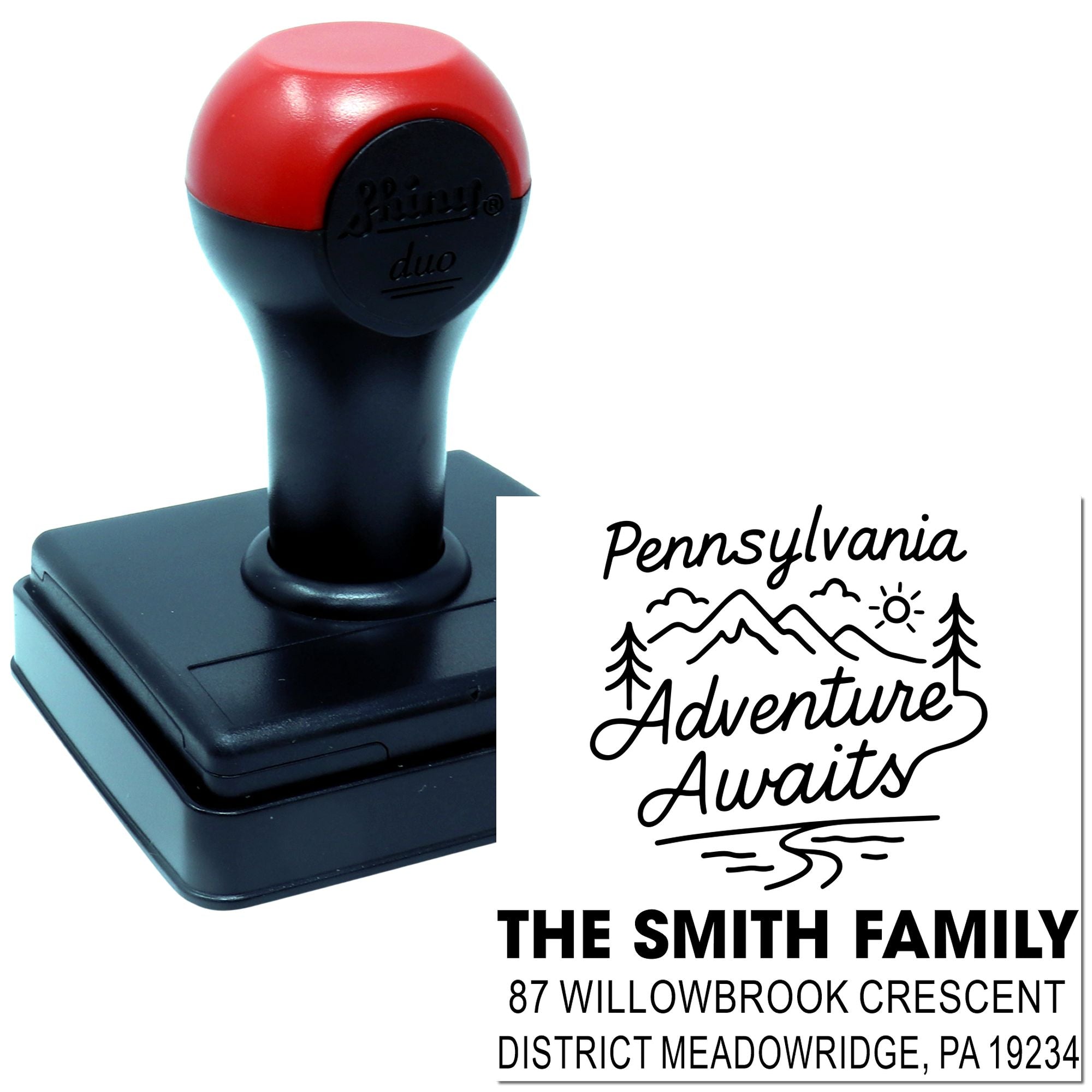 Custom self-inking rubber stamp with Pennsylvania Adventure Awaits design for personalized family address labeling.