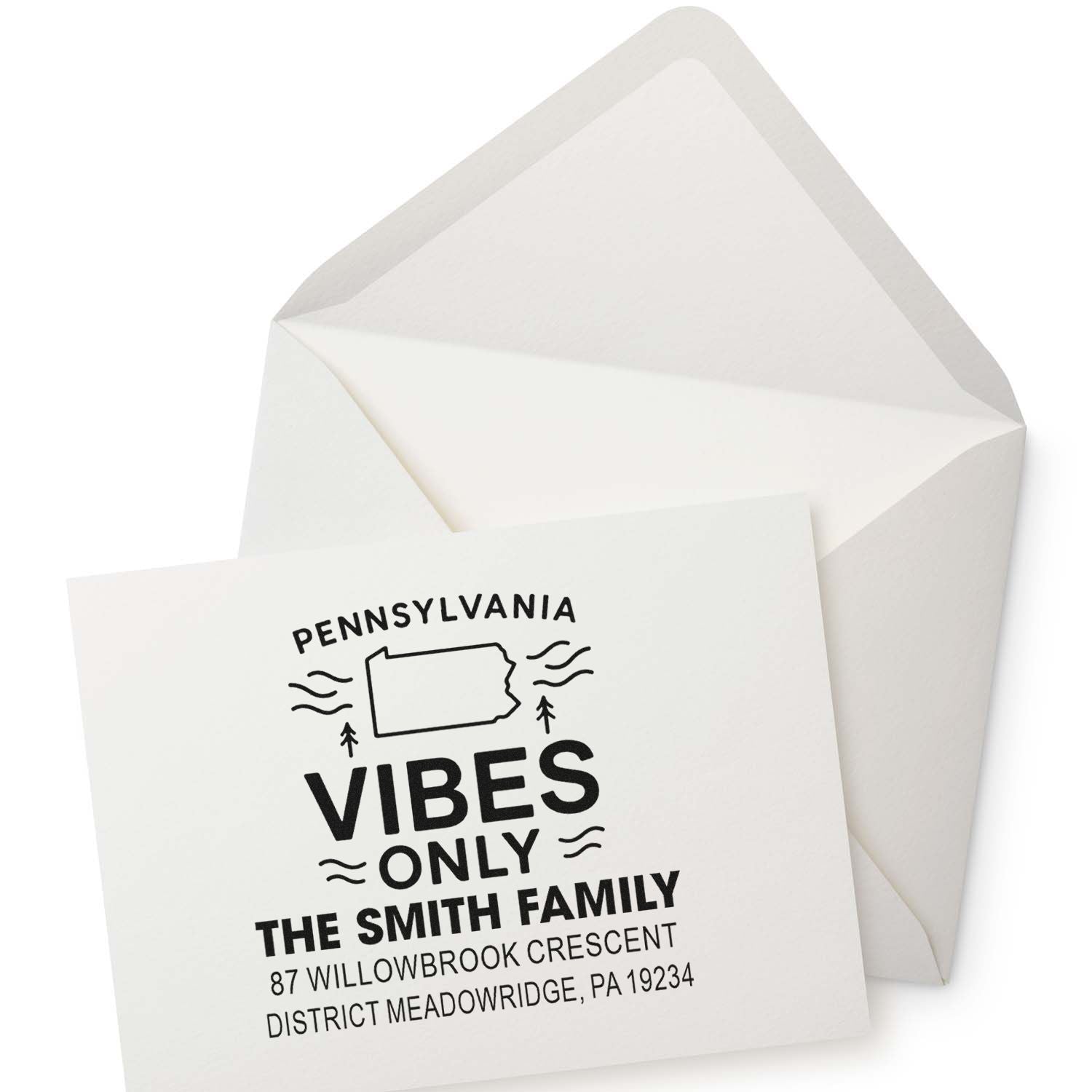 Custom rubber stamp for personalized return address envelopes featuring Pennsylvania vibes only and The Smith Family design.