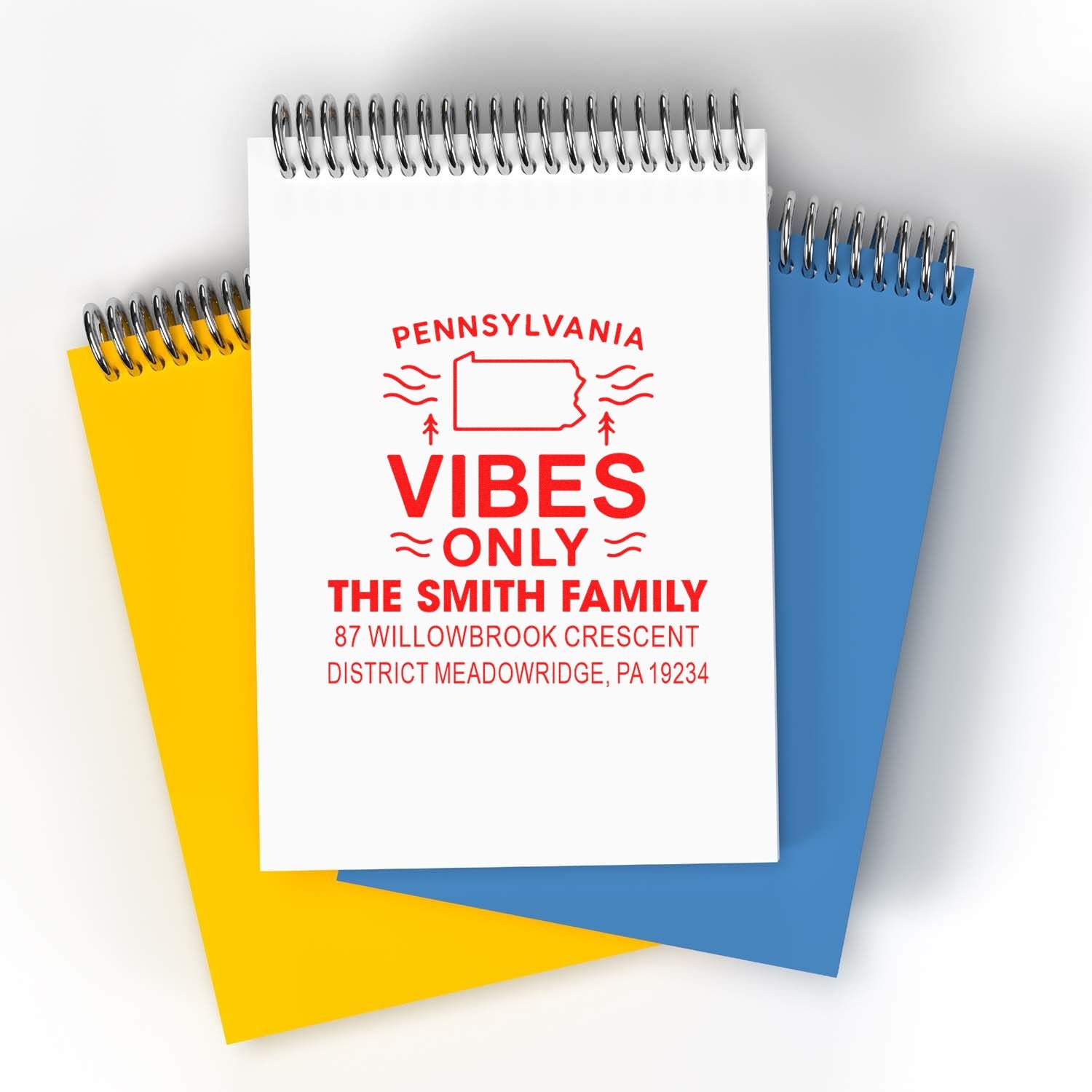 Custom Pennsylvania family address rubber stamp design with state outline, Vibes Only text, and Smith family address.