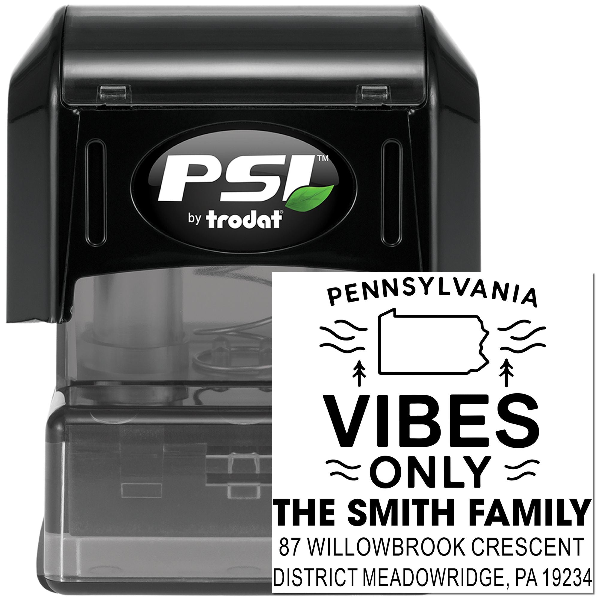 Self-inking Pennsylvania family address stamp by PSI Trodat, ideal for personalized mail and custom envelope imprinting