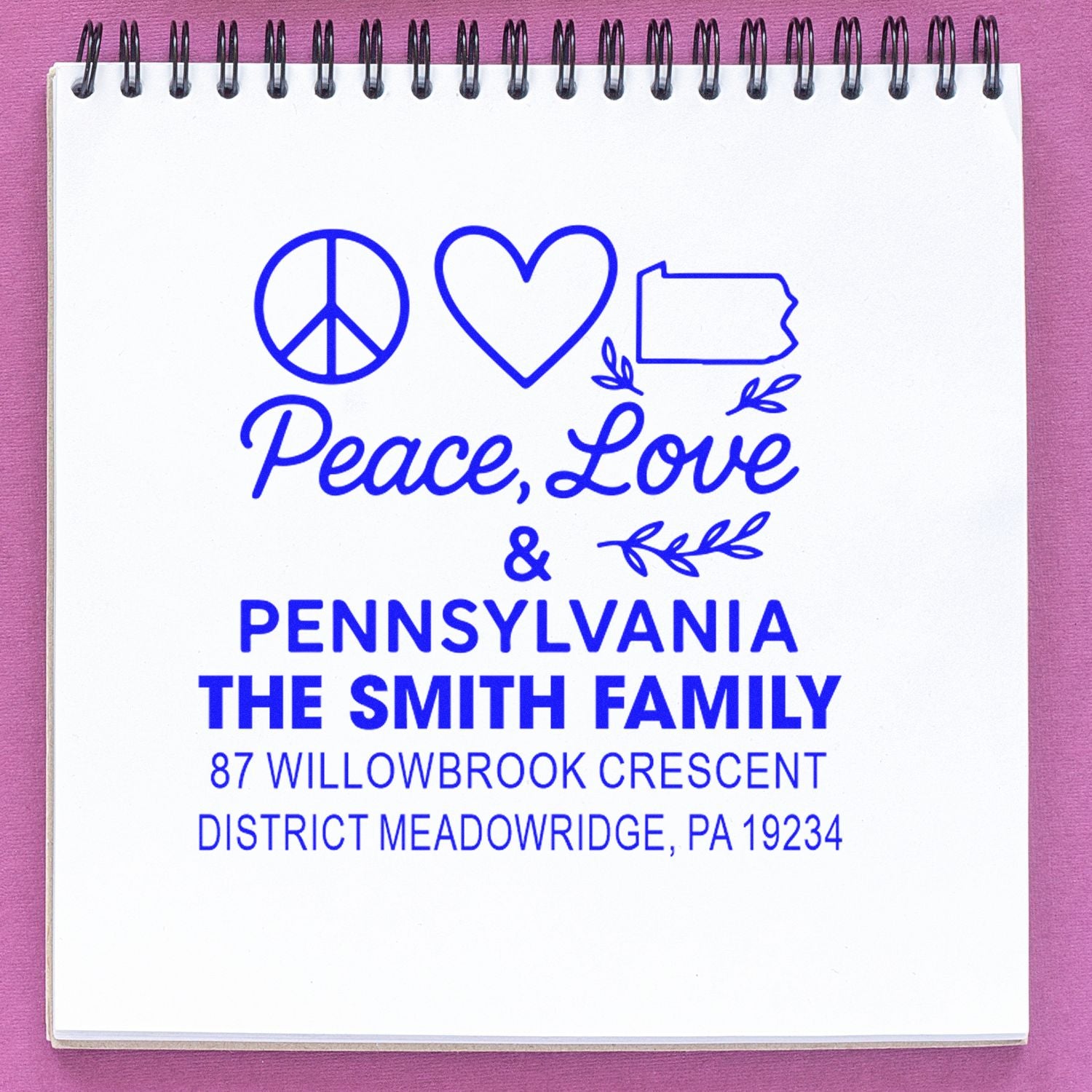 Custom Pennsylvania family return address rubber stamp with peace, love and heart design for personalized mail.