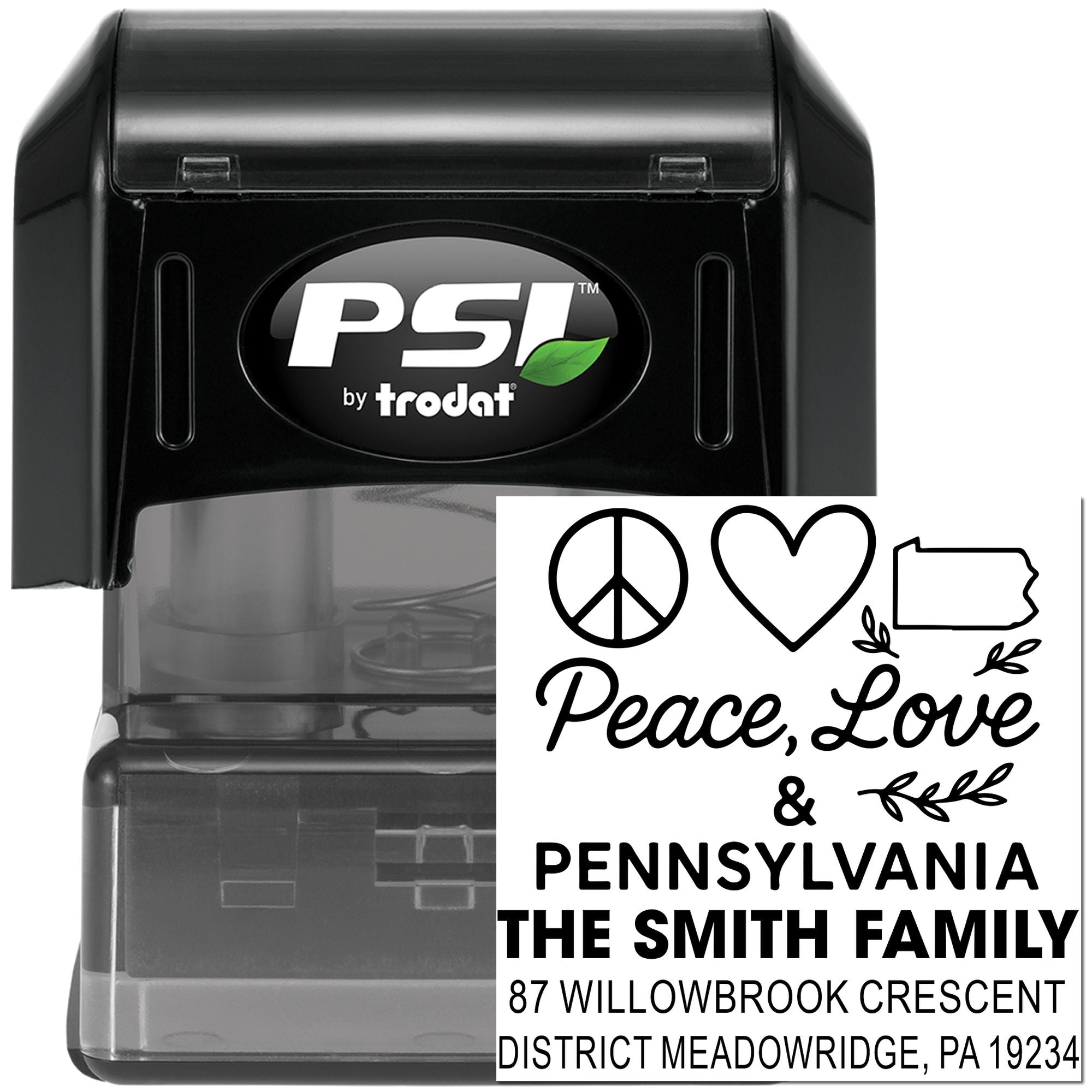 Custom PSI by Trodat rubber stamp with Peace, Love & Pennsylvania return address design for personalized family mailing.