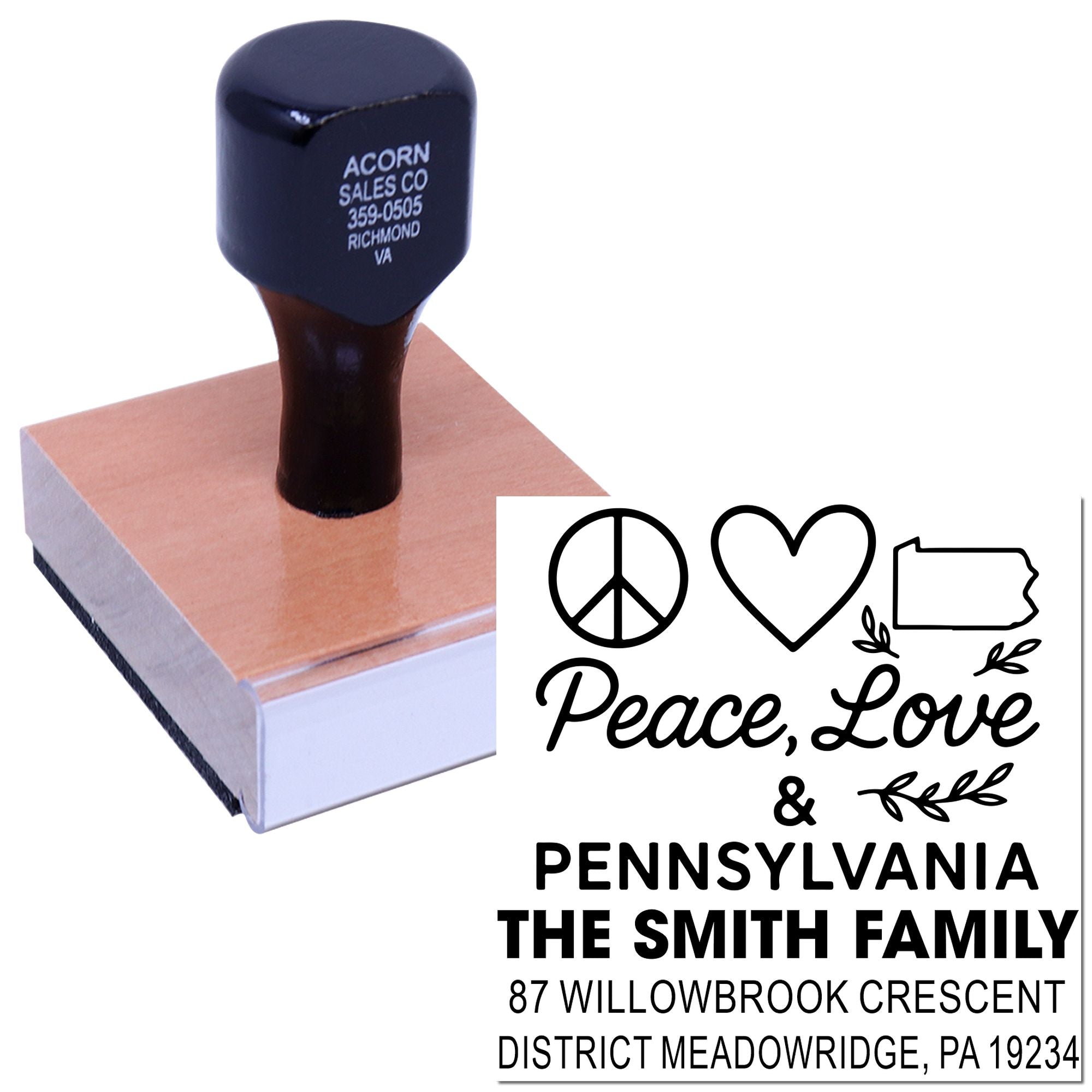 Custom return address rubber stamp with Peace, Love & Pennsylvania design for The Smith Family.