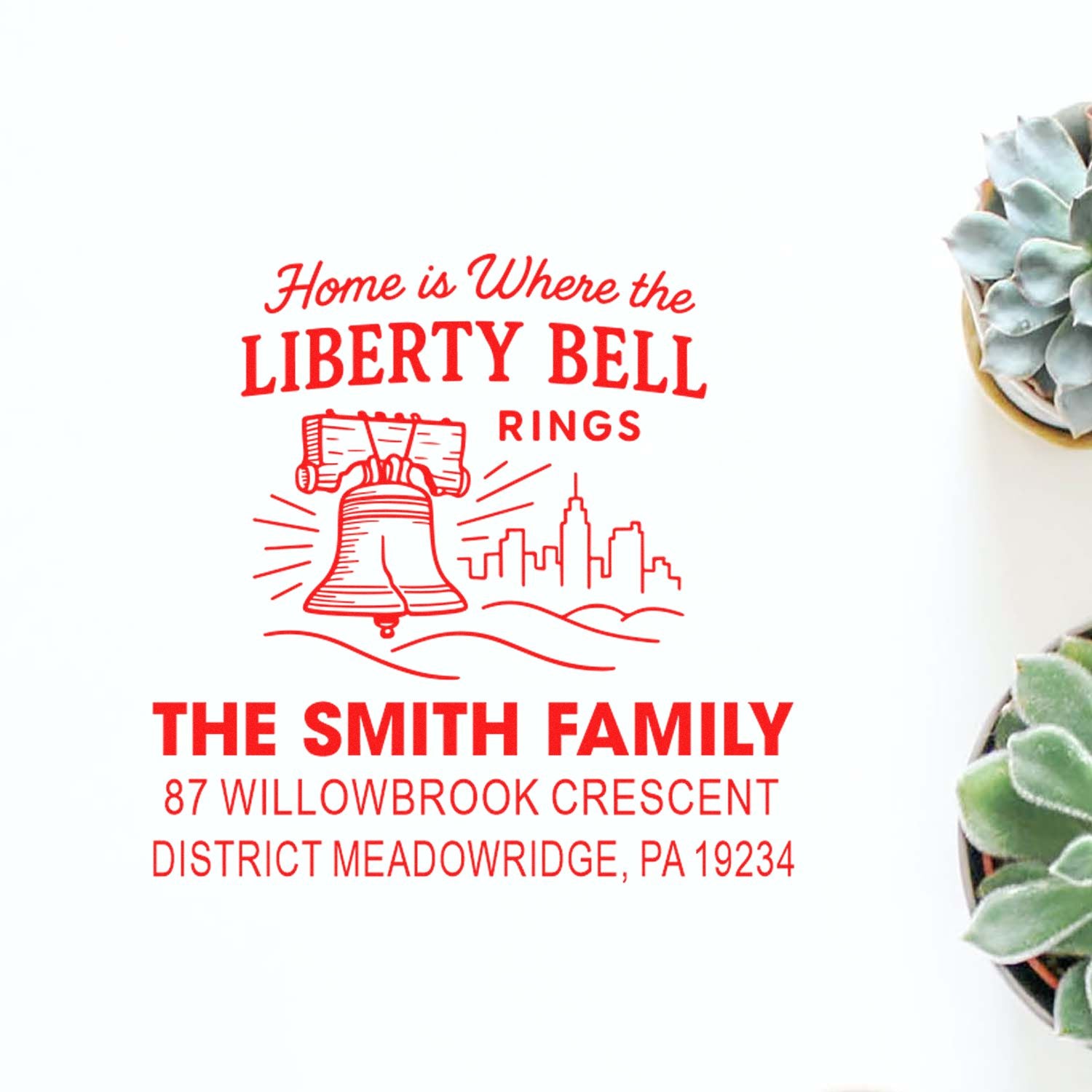 Custom address rubber stamp with Liberty Bell design for The Smith Family, Meadowridge, PA 19234.