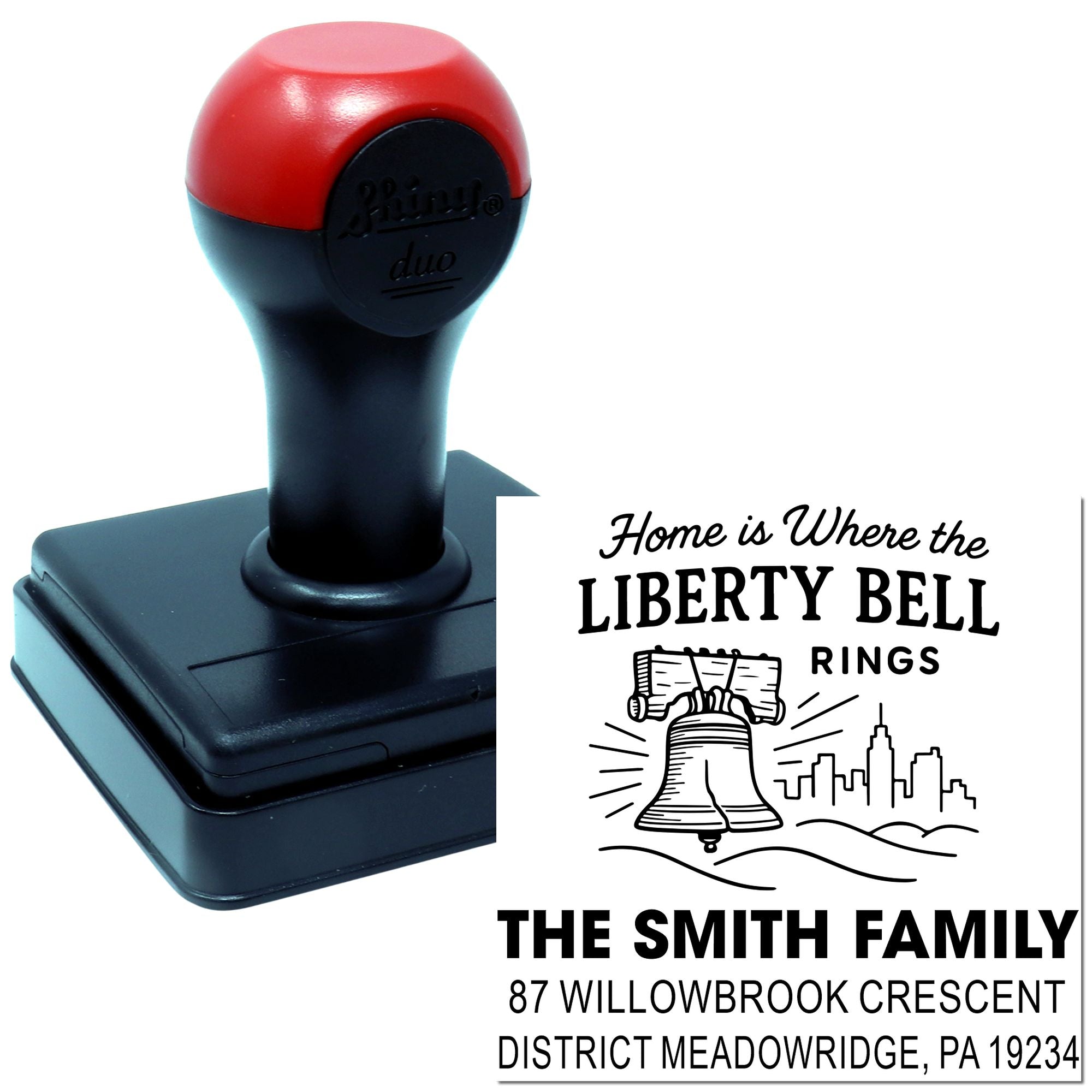 Custom self-inking rubber stamp featuring Home Is Where the Liberty Bell Rings family address design for The Smith Family