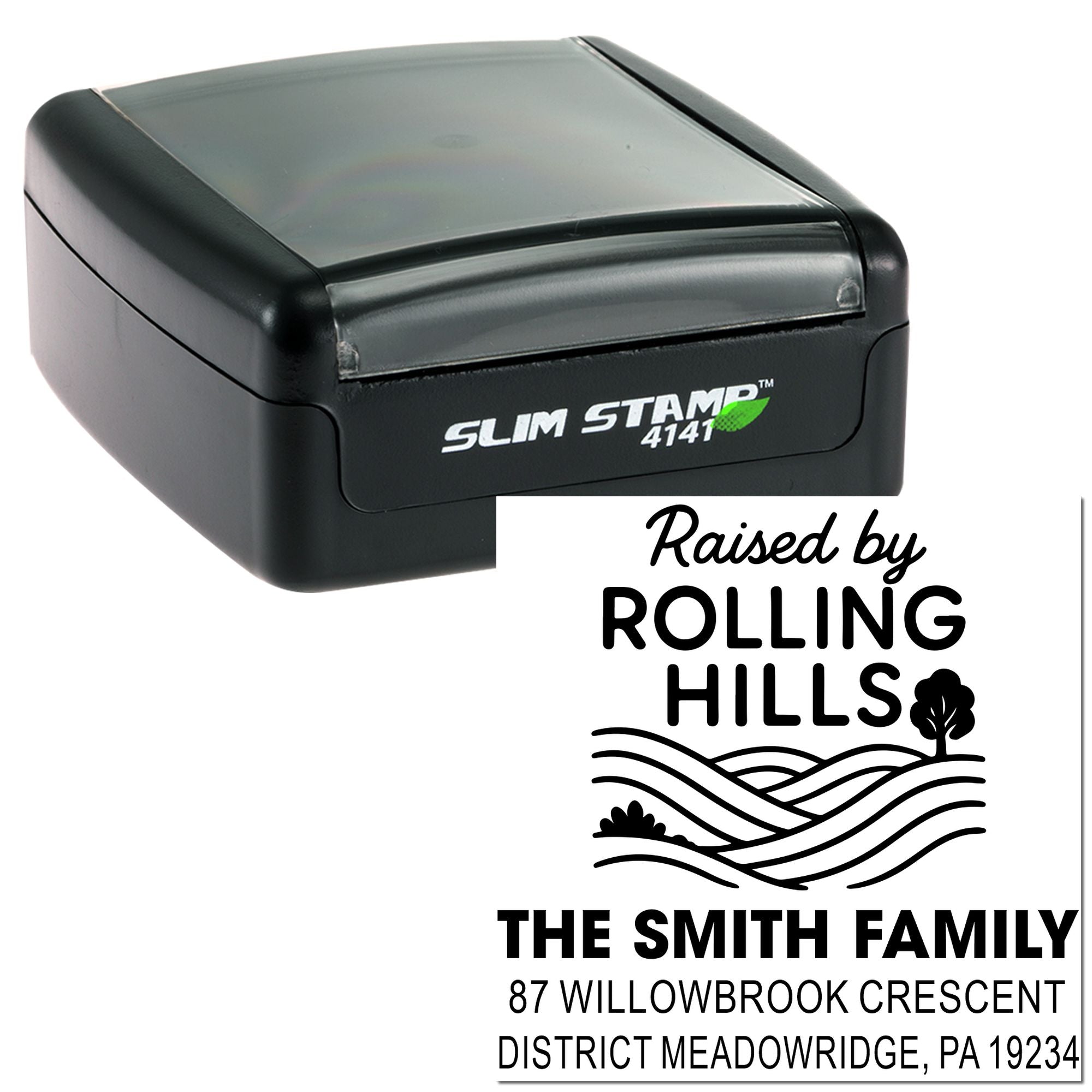 Personalized self-inking rubber address stamp for The Smith Family, featuring Raised by Rolling Hills return address design.