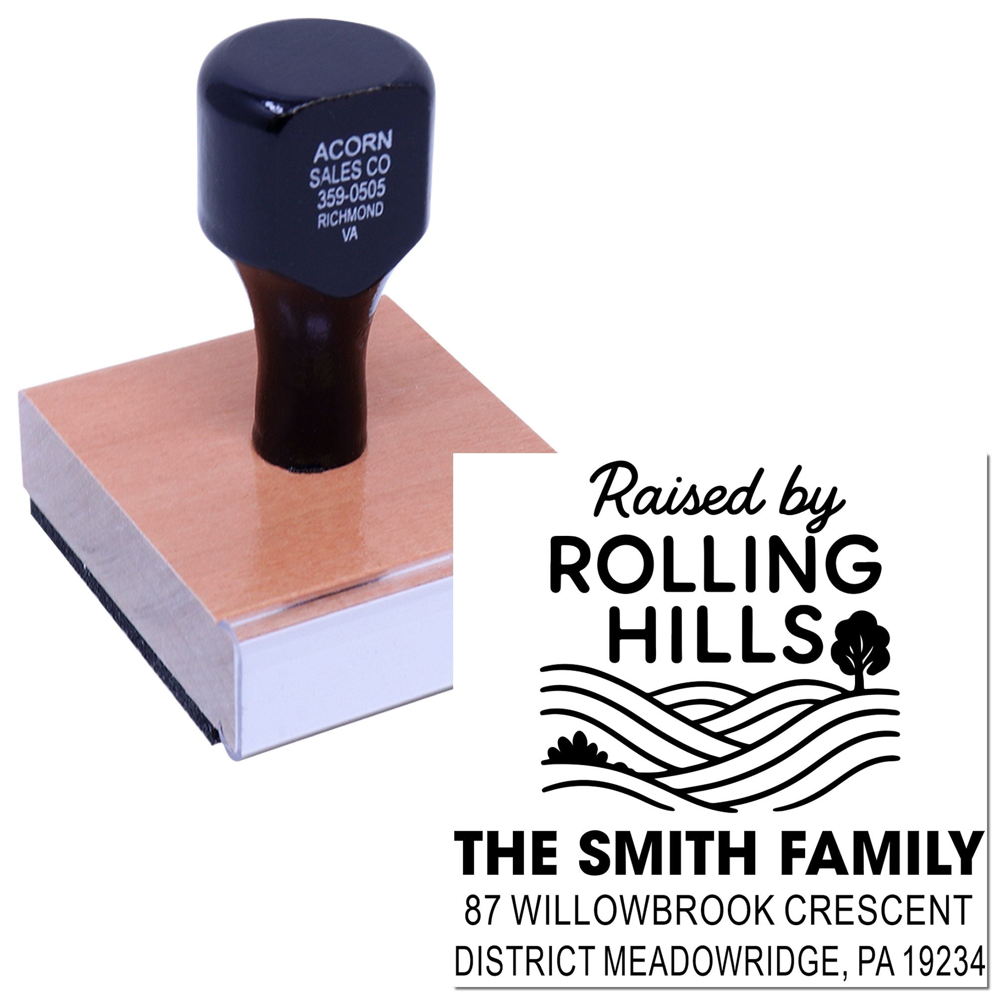Custom rubber stamp showing a personalized family return address design with Raised by Rolling Hills and home address imprint.