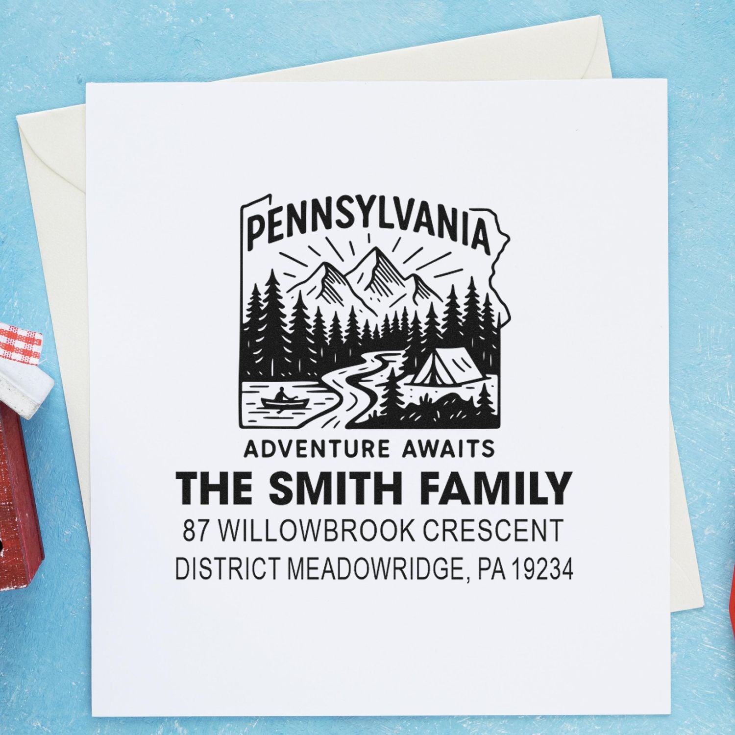 Custom Pennsylvania family address rubber stamp with mountain adventure design for The Smith Family.