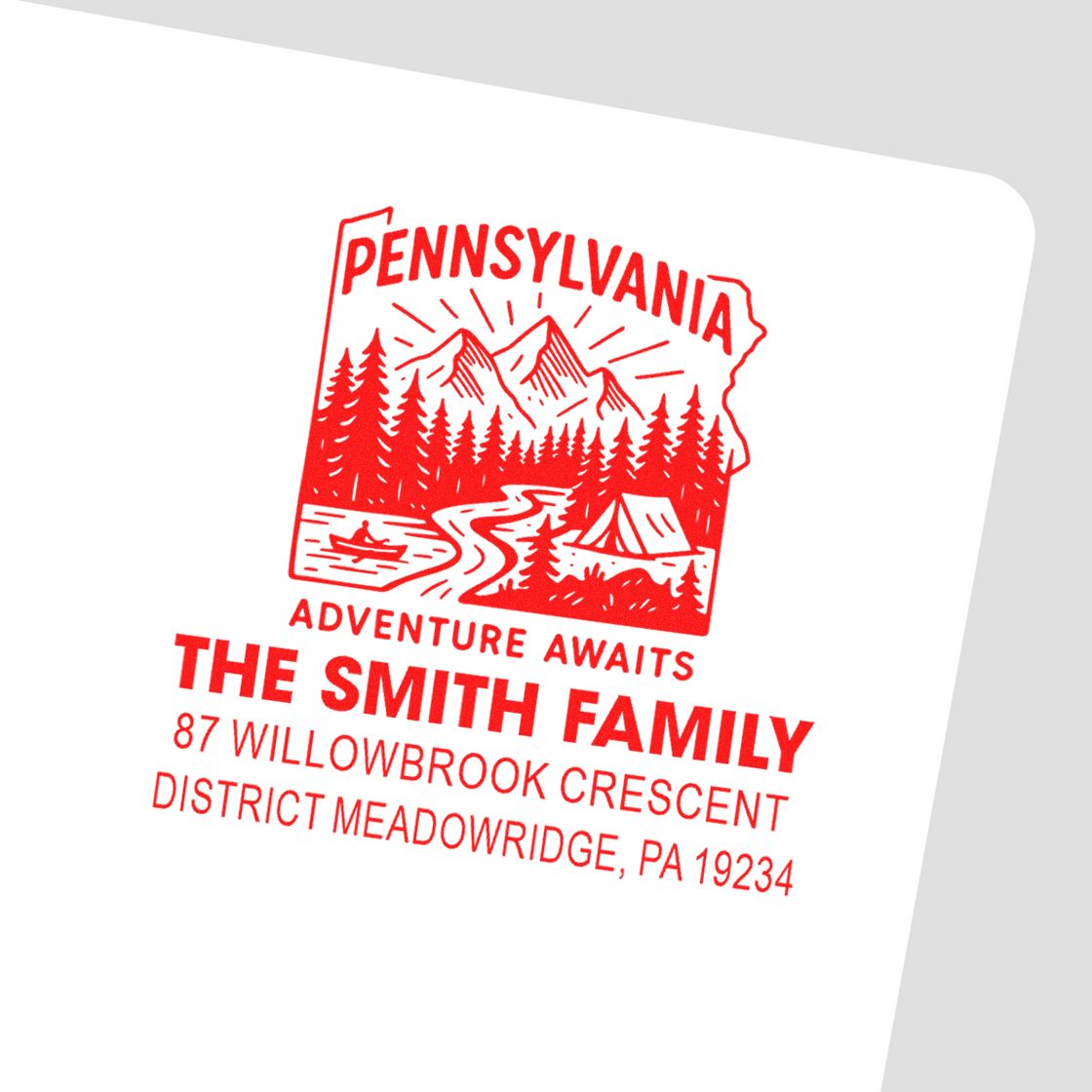 Custom Pennsylvania rubber address stamp for The Smith Family, featuring an adventure graphic and return address.