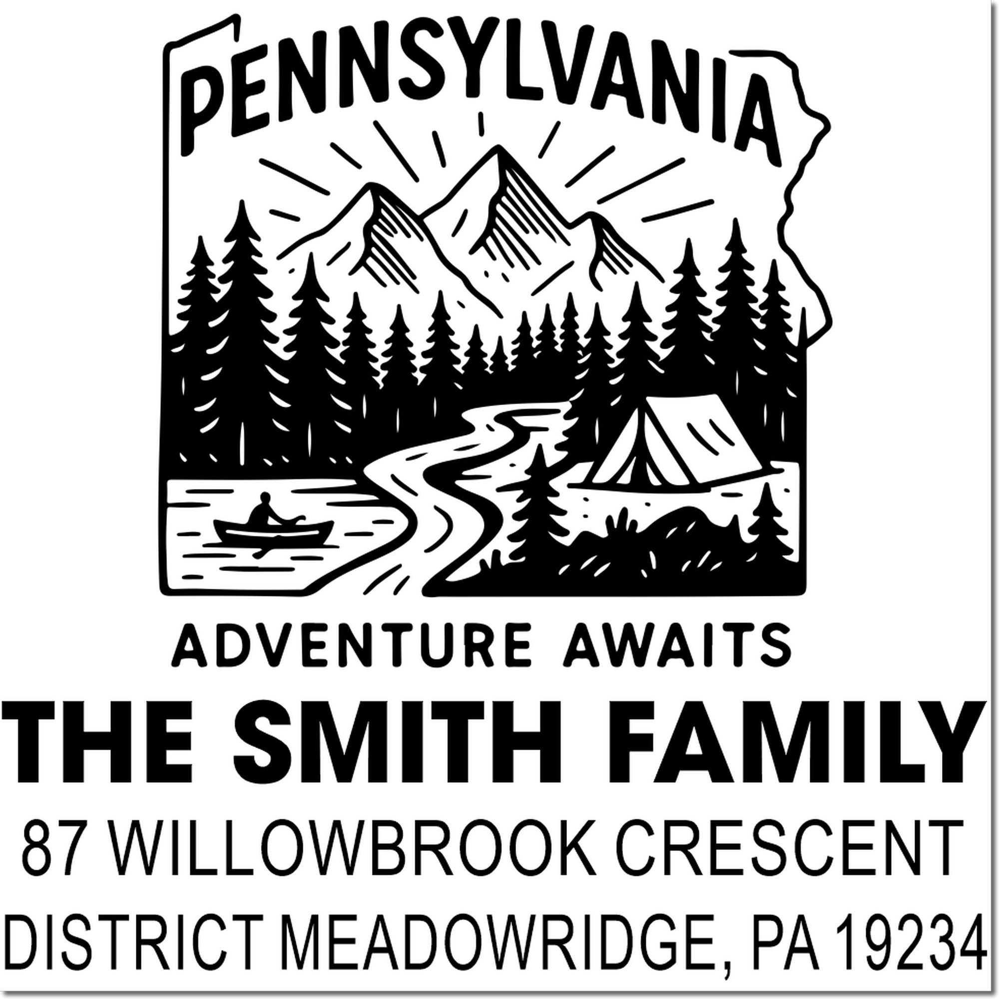 Custom Pennsylvania adventure address rubber stamp for The Smith Family, Meadowridge, PA 19234, with mountains and campsite