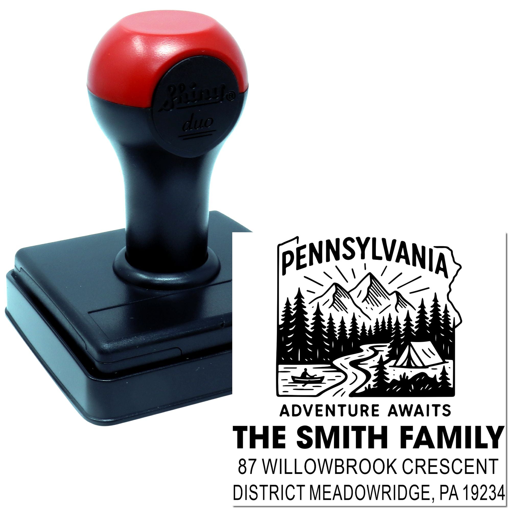 Custom self-inking rubber address stamp for The Smith Family with Pennsylvania adventure design and return address.