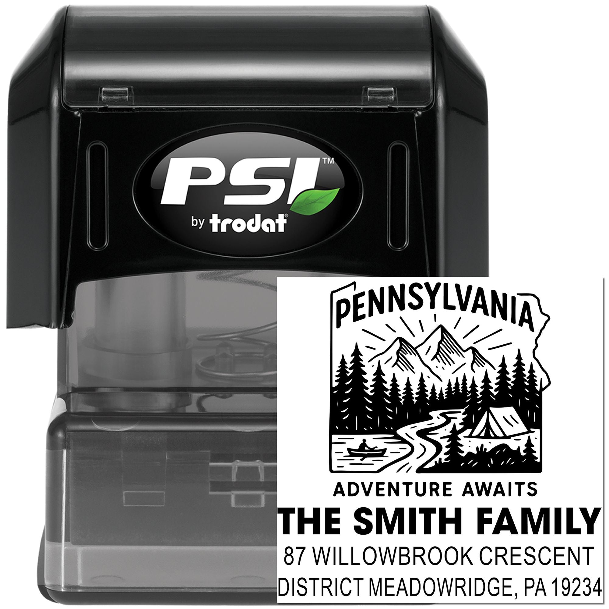 PSI by Trodat self-inking return address stamp with custom Pennsylvania family design for personalized mailing