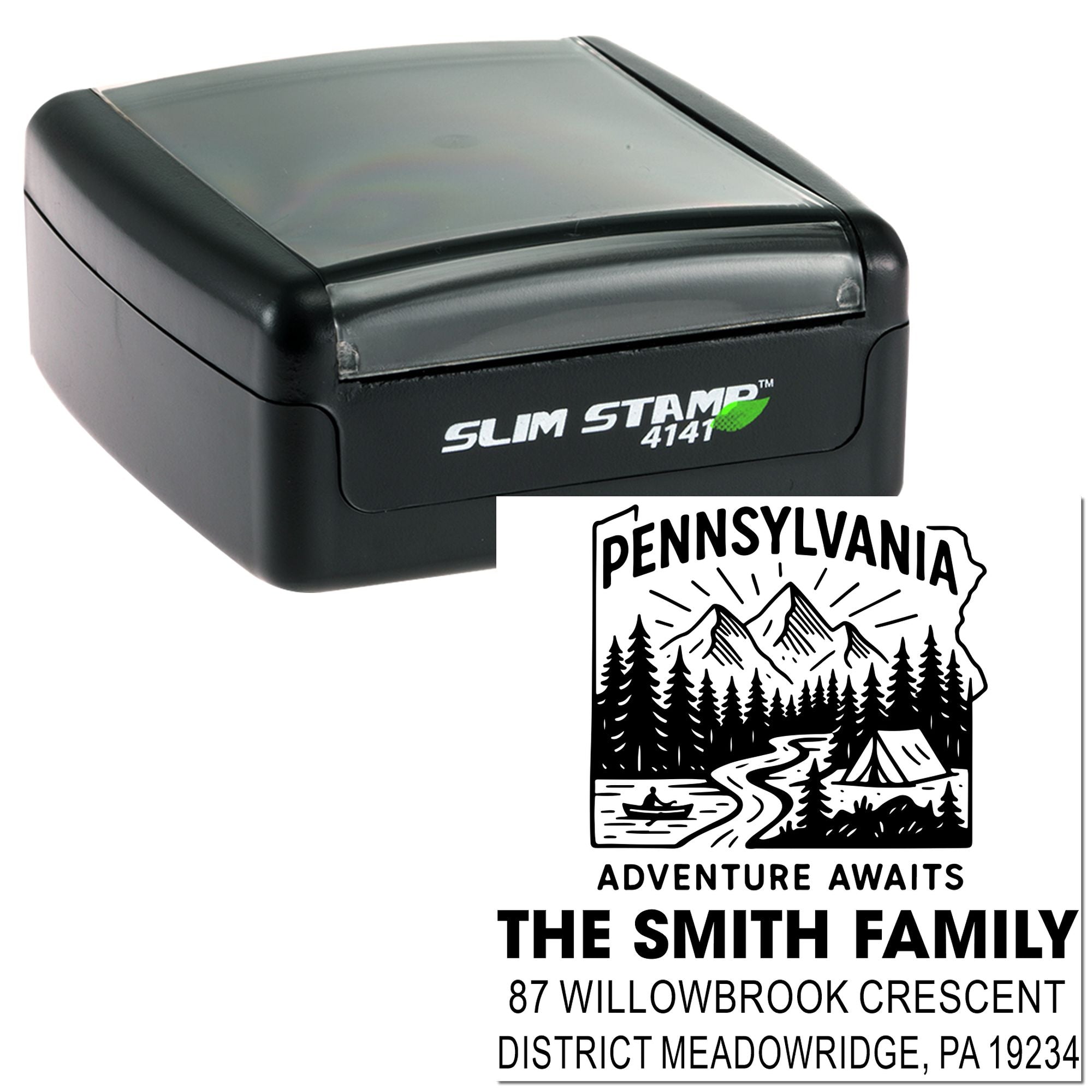 Personalized self-inking rubber stamp with Pennsylvania adventure design and family address imprint sample.