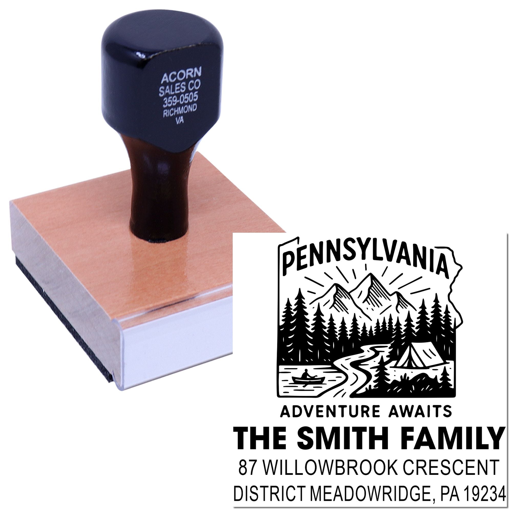 Custom return address rubber stamp with Pennsylvania family design for envelopes and stationery.