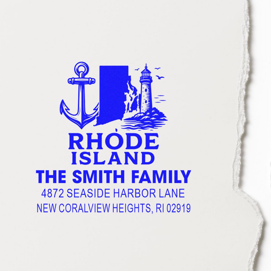 Personalized Rhode Island return address rubber stamp for The Smith Family with anchor and lighthouse design.