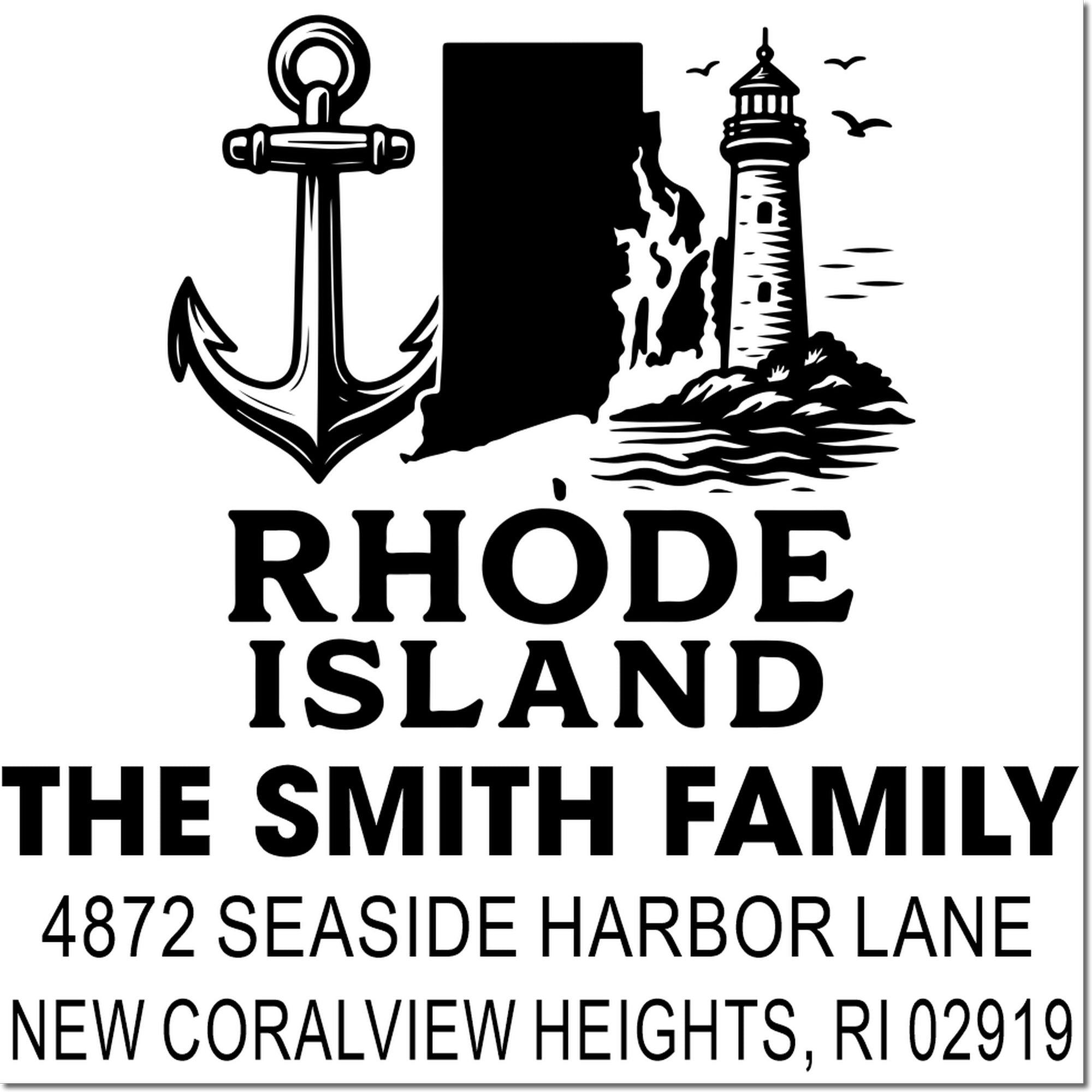 Custom Rhode Island family return address stamp with anchor and lighthouse design for seaside home mailing.
