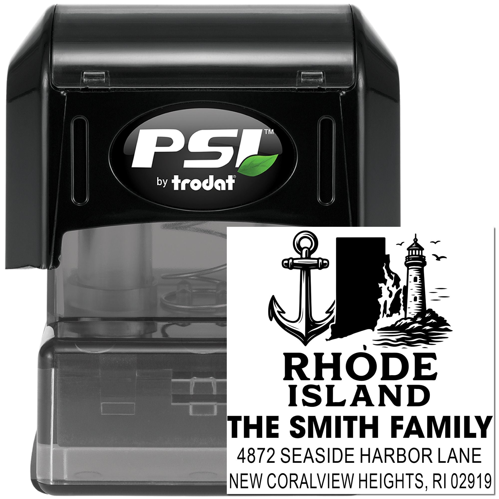 Rhode Island custom self-inking address rubber stamp with anchor and lighthouse design for The Smith Family.