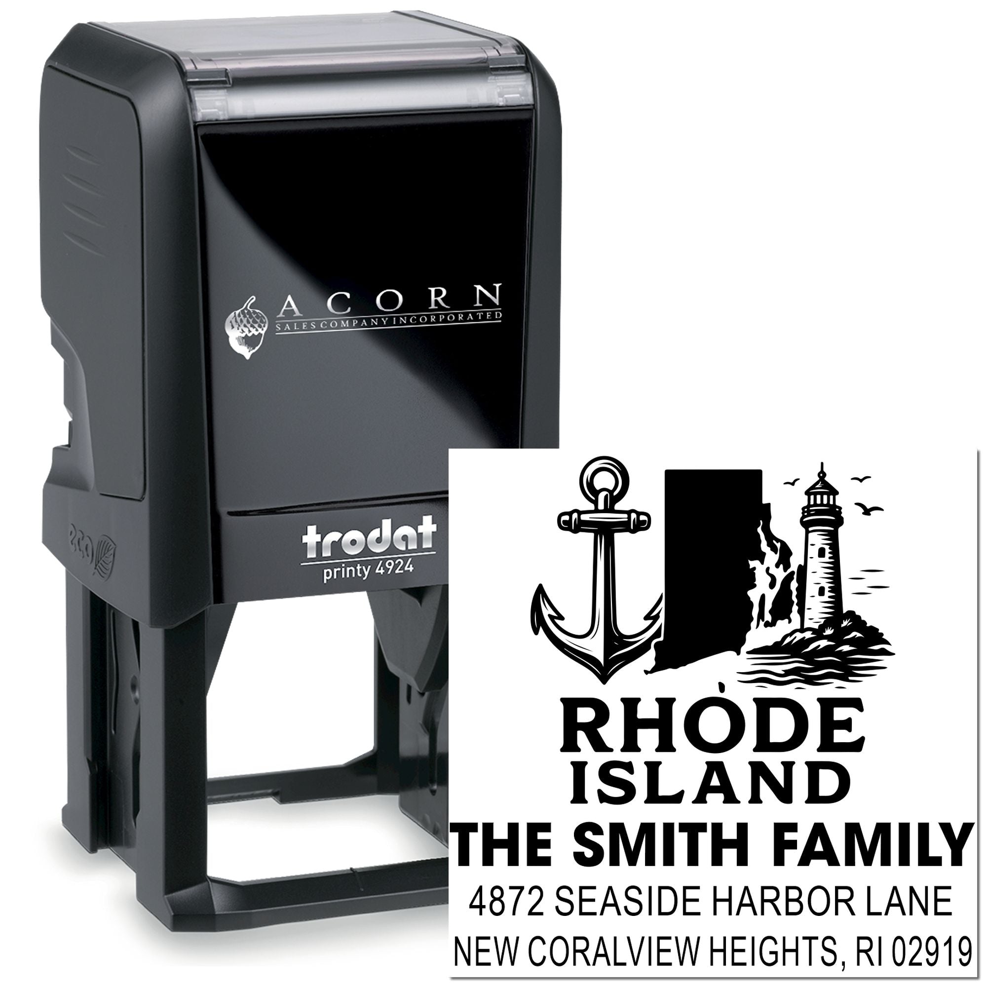 Custom self-inking rubber stamp with Rhode Island anchor and lighthouse design for family address labels.