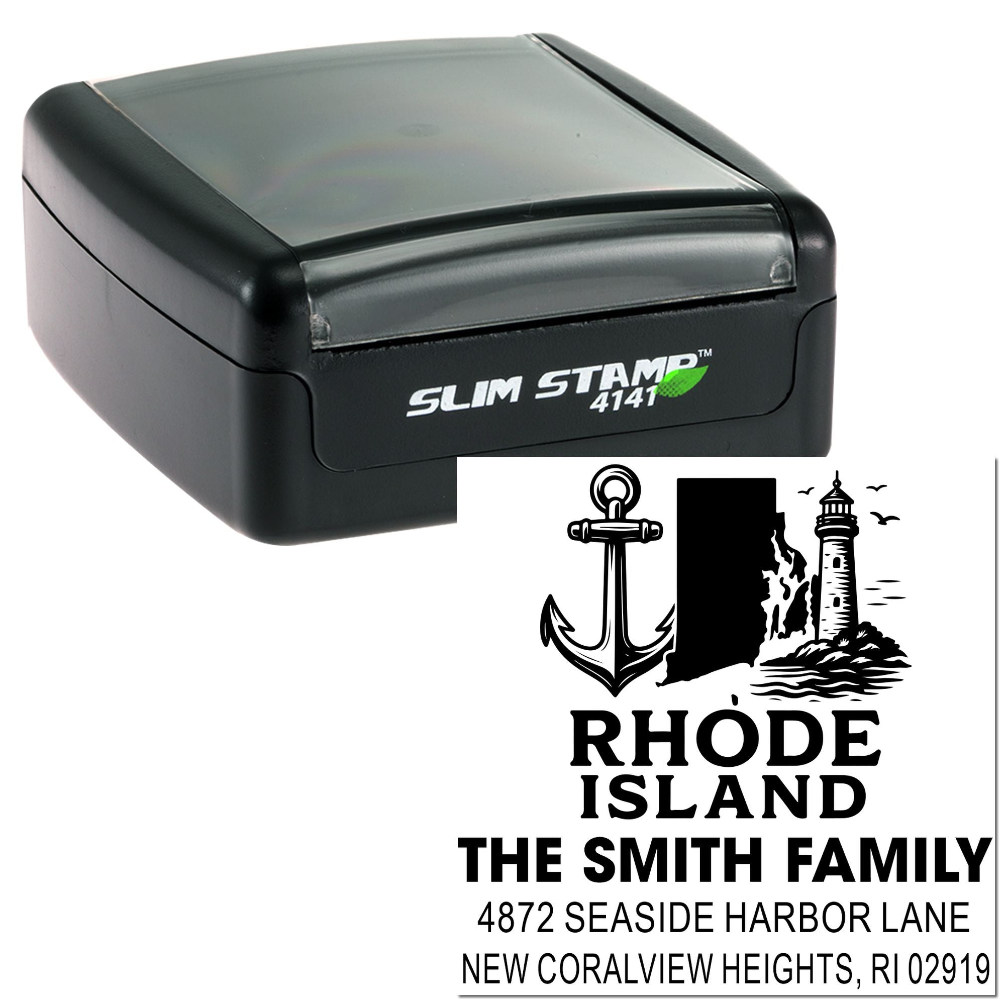 Custom Rhode Island return address rubber stamp with anchor and lighthouse design, Slim Stamp 4141 self-inking stamp for mailers.