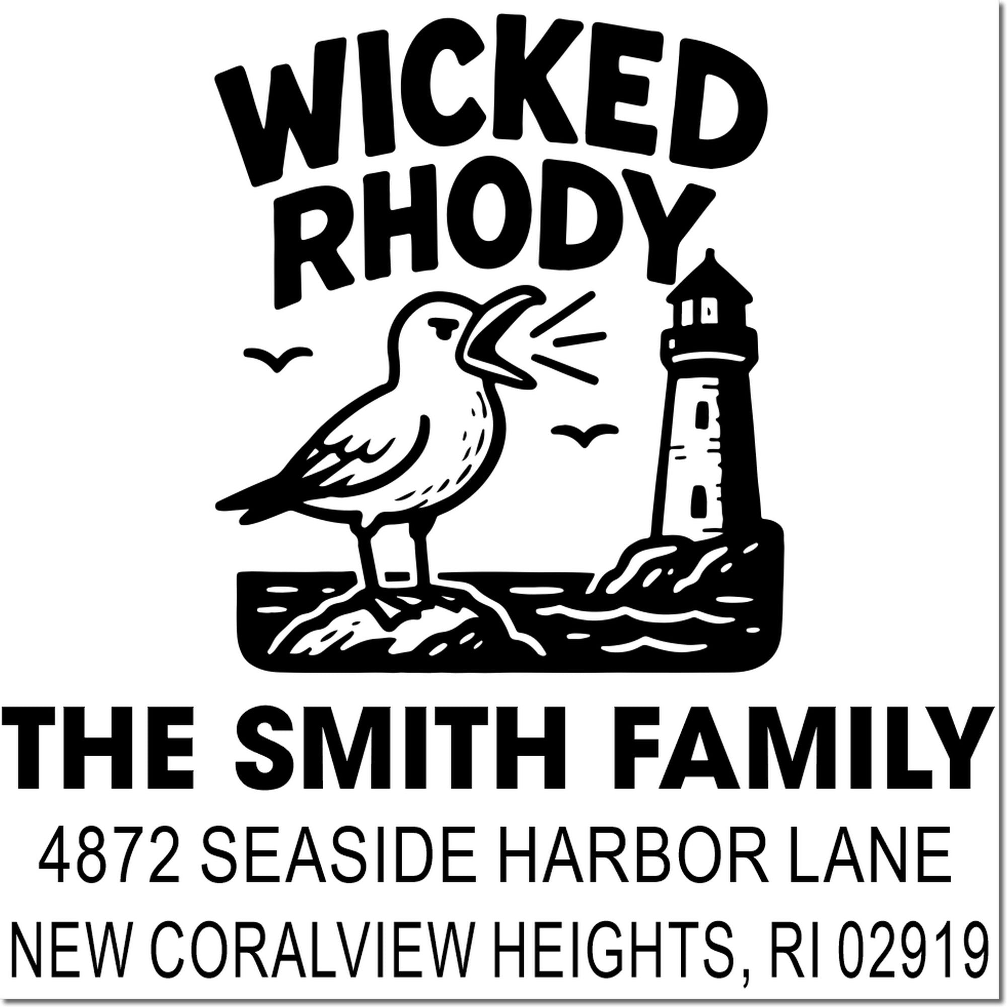 Custom address rubber stamp for The Smith Family featuring seagull and lighthouse, New Coralview Heights, RI 02919.