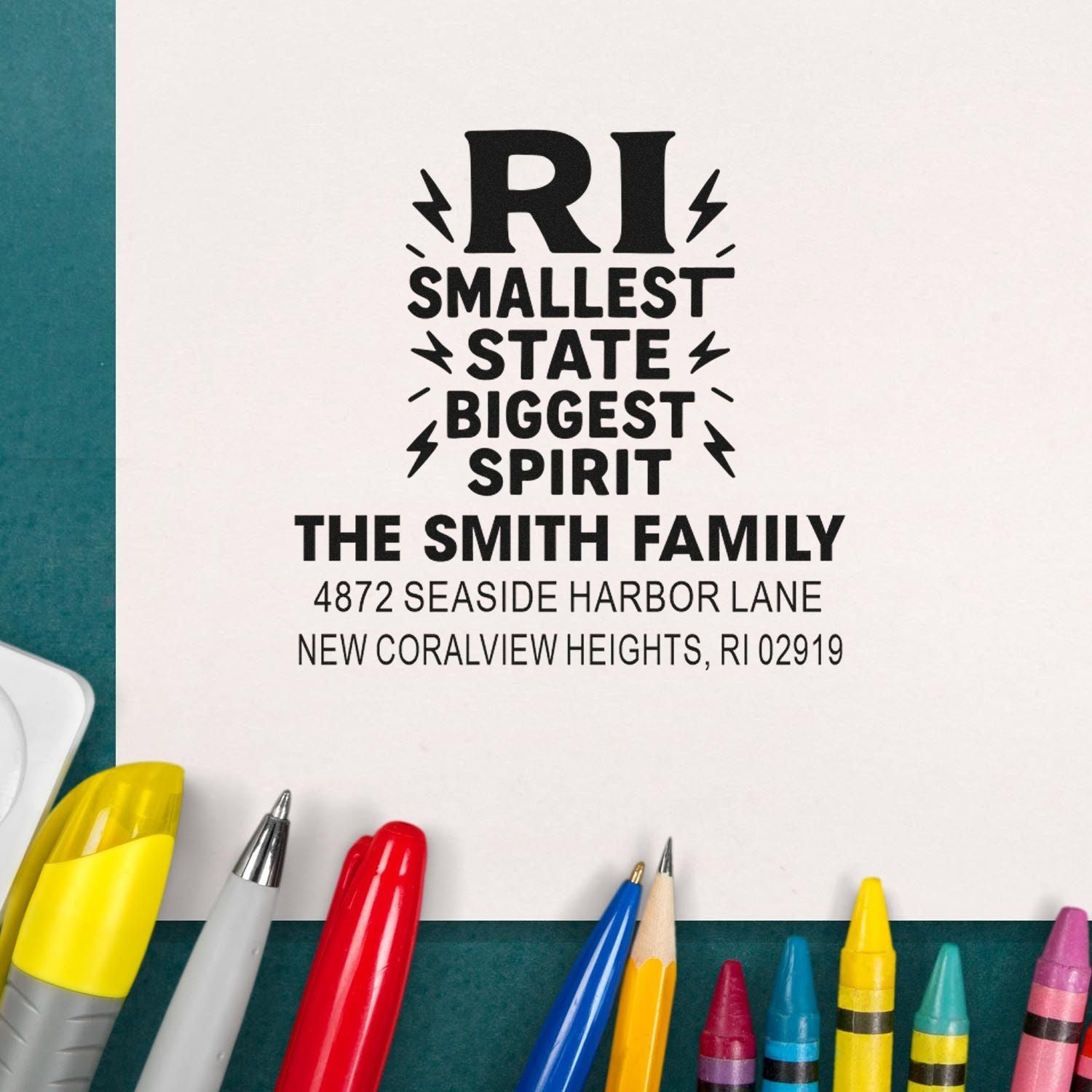 Custom Rhode Island return address rubber stamp featuring RI Smallest State, Biggest Spirit for The Smith Family address.