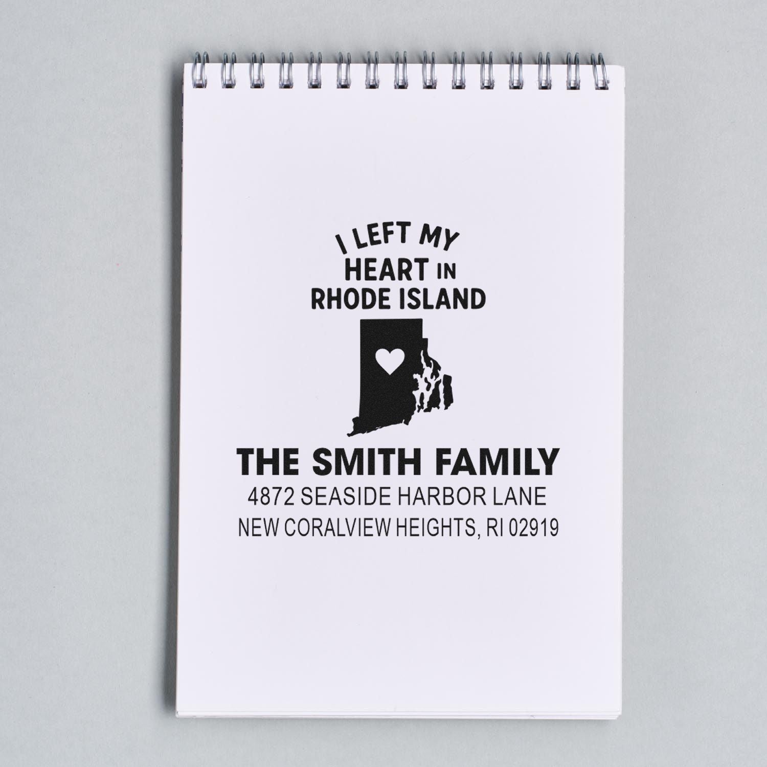 Custom Rhode Island family address rubber stamp with heart map design for personalized stationery and envelopes.