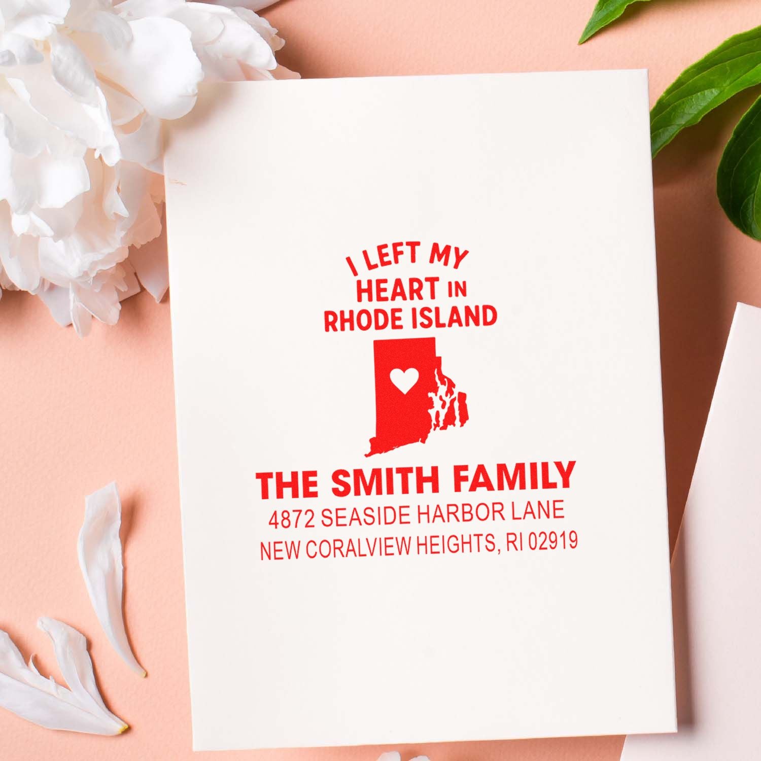 Personalized Rhode Island rubber stamp with I left my heart in Rhode Island and family return address for custom mail.