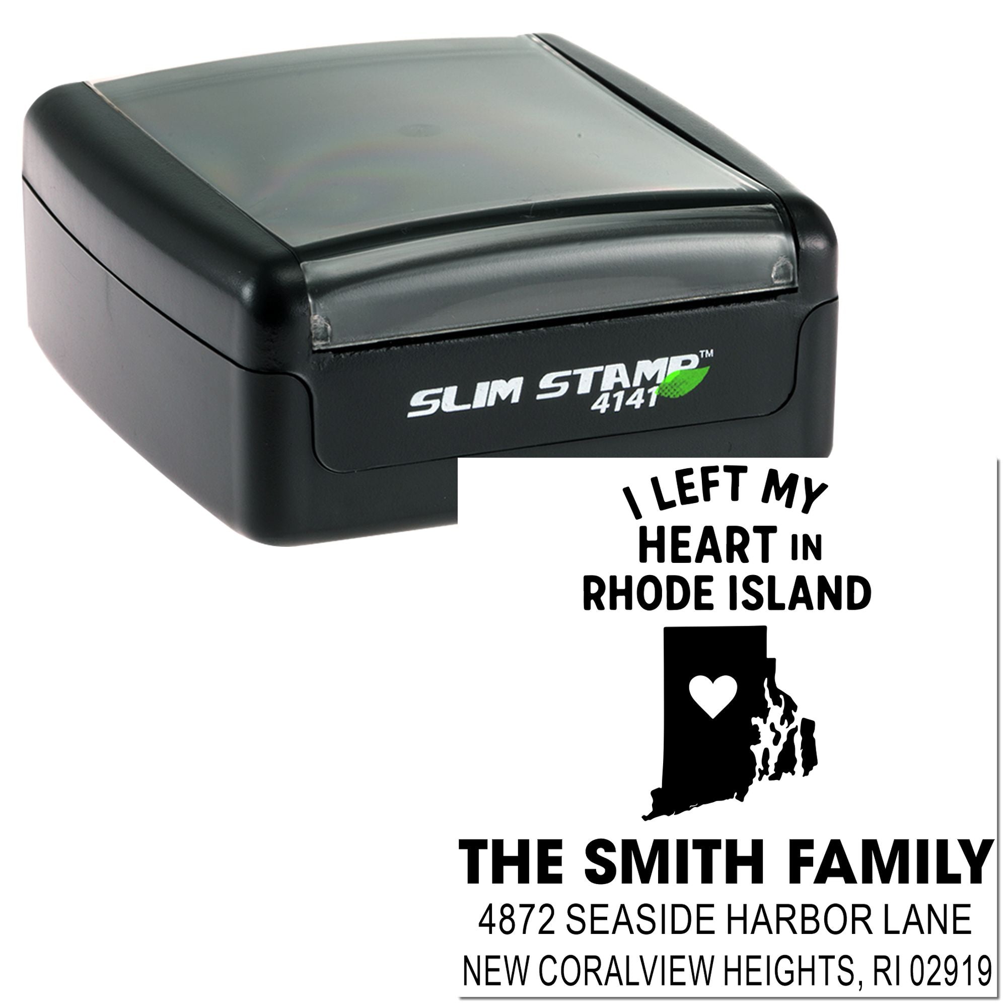 Custom self-inking rubber address stamp with Rhode Island heart design and Smith family return address, Slim Stamp 4141.