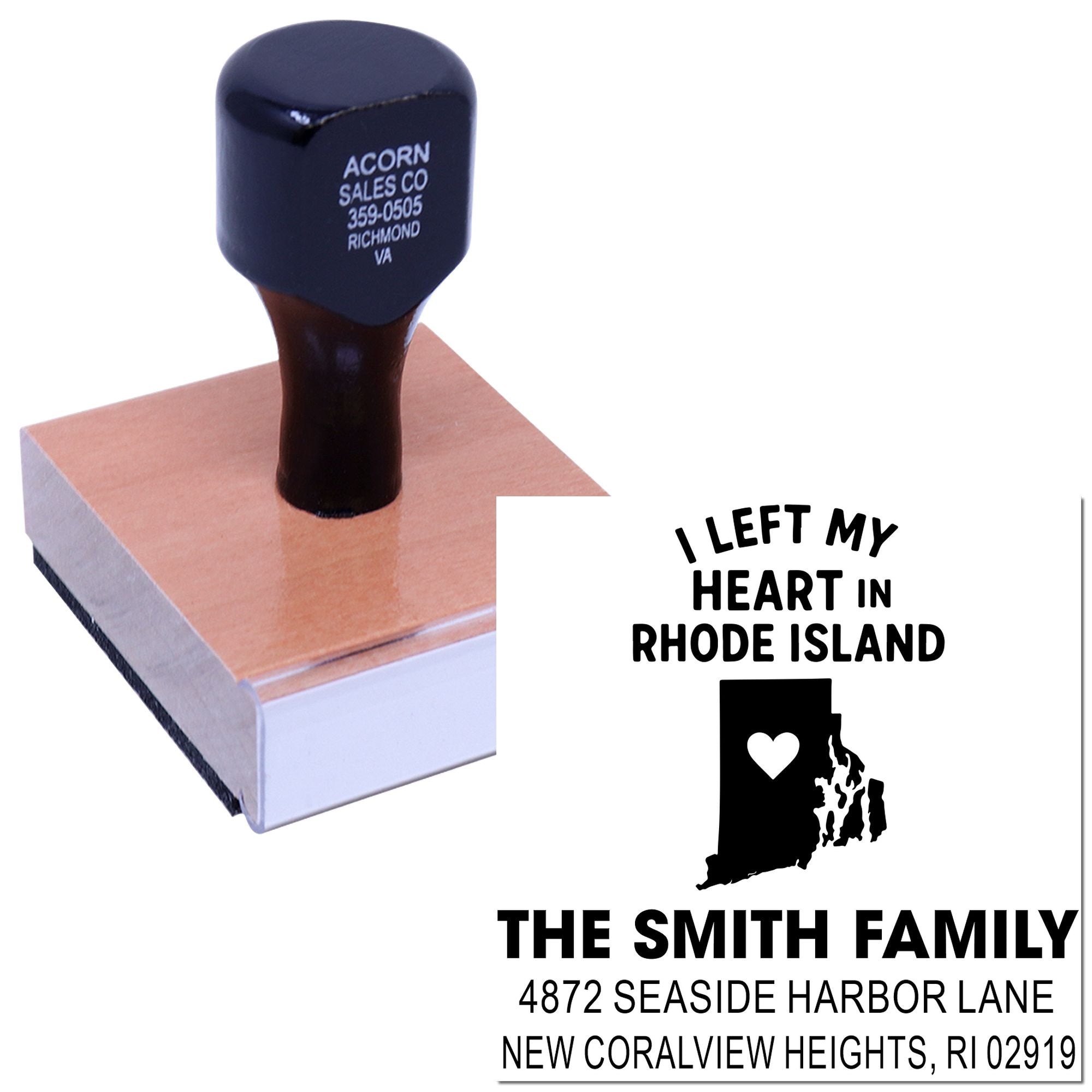 Personalized Rhode Island return address rubber stamp with family name, address, and I Left My Heart in Rhode Island design.