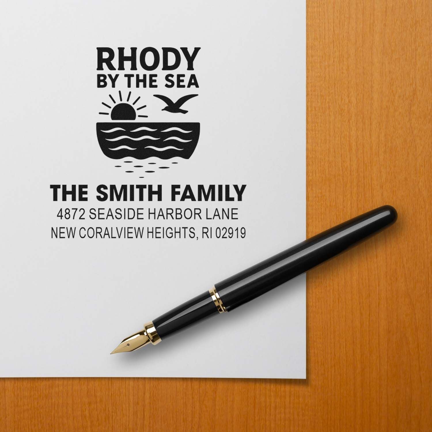 Personalized return address rubber stamp for The Smith Family with Rhody by the Sea coastal design and home address.