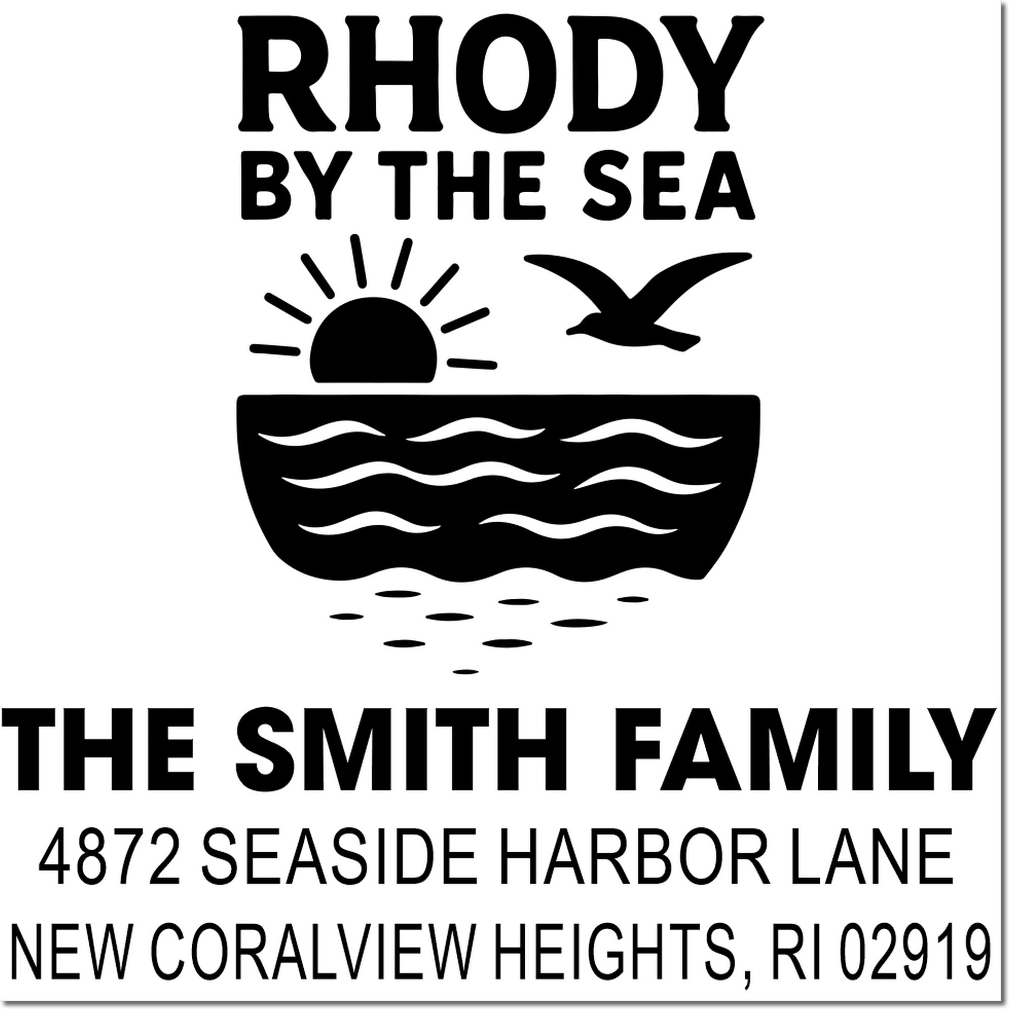 Nautical Rhody by the Sea custom return address rubber stamp for The Smith Family, New Coralview Heights, RI.