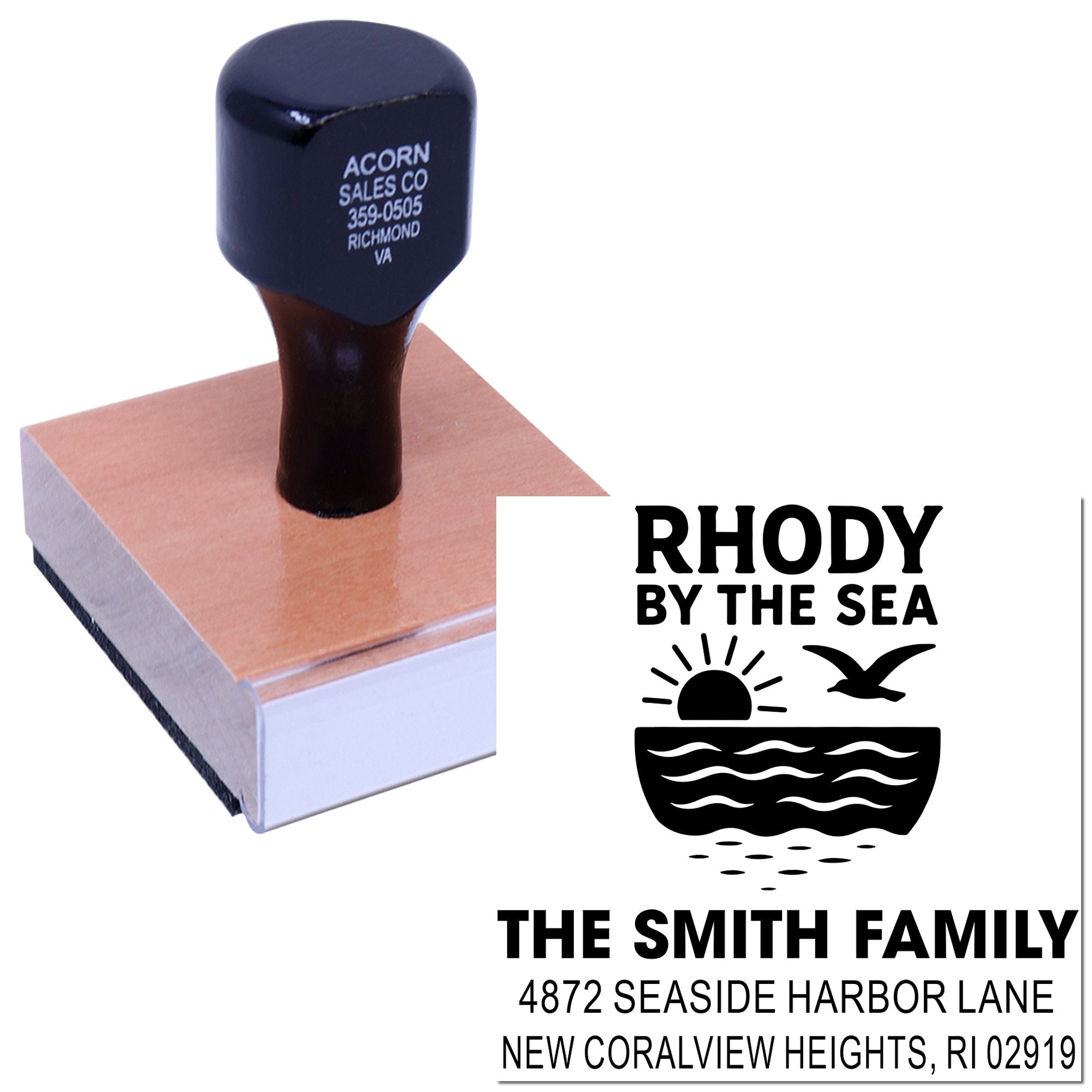 Personalized rubber address stamp with Rhody by the Sea family name, seaside logo, and RI address