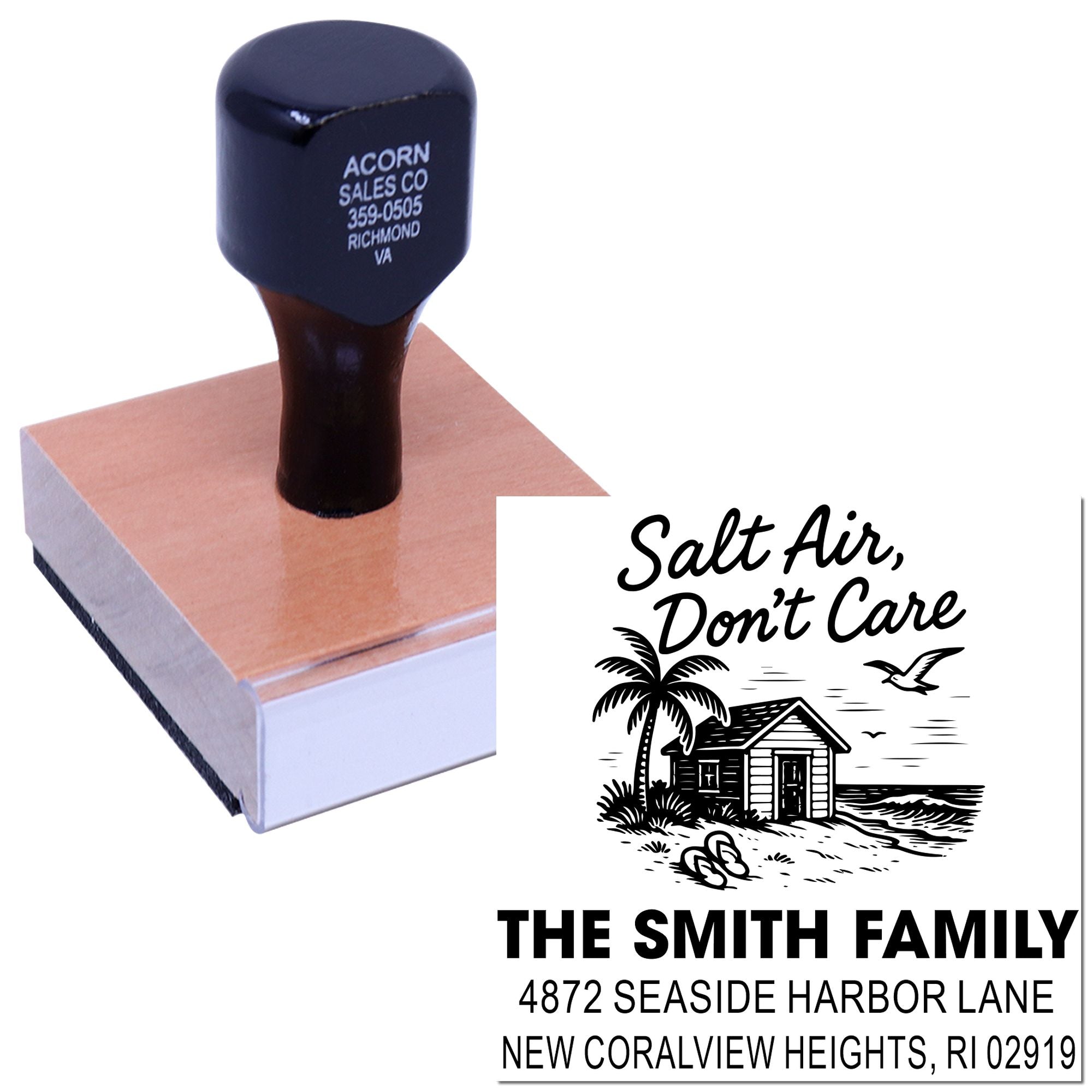 Custom rubber address stamp with beach house design and family name for personalized seaside home mailings.