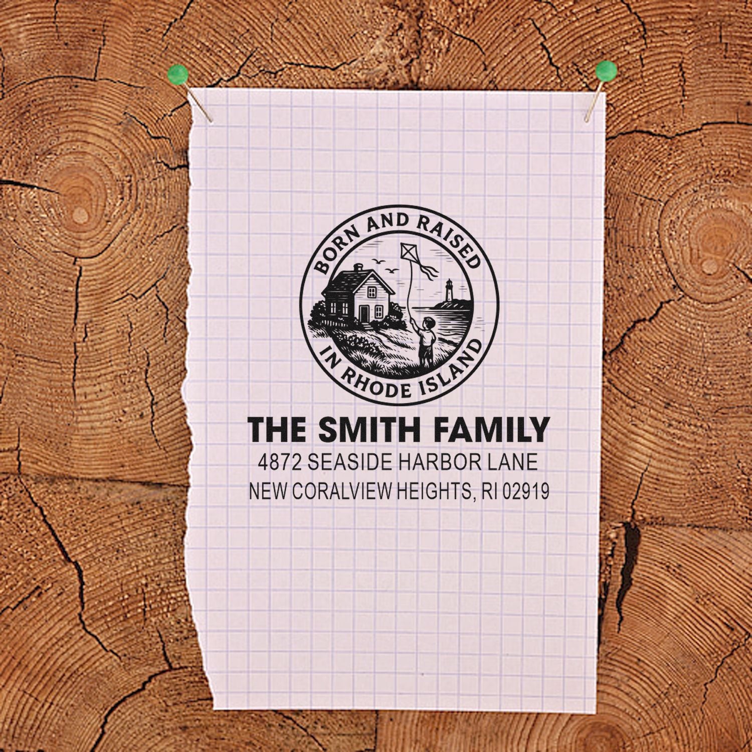 Custom Rhode Island return address rubber stamp for The Smith Family, featuring hometown design and personalized mailing details.