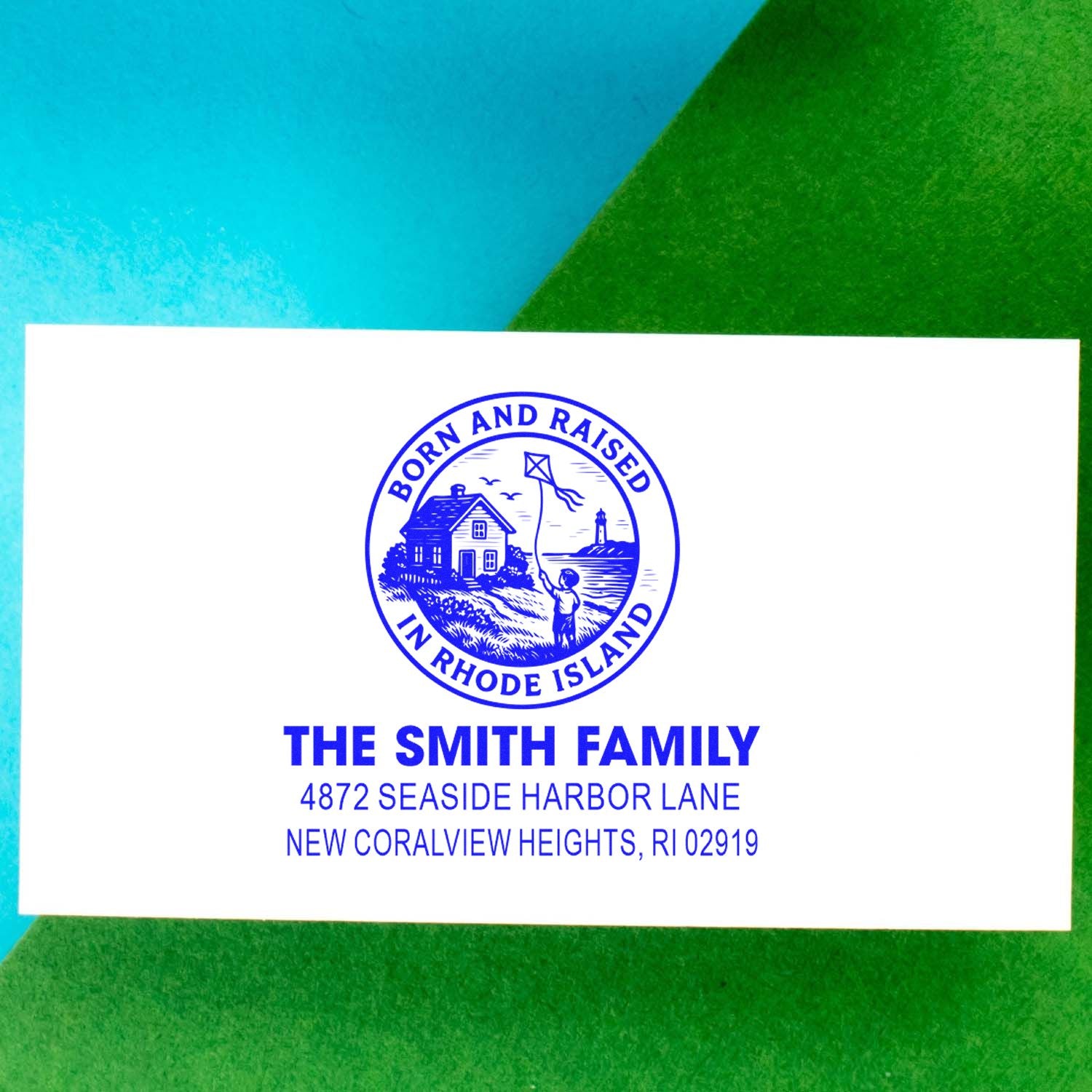 Custom Rhode Island return address rubber stamp for The Smith Family with Born and Raised in Rhode Island seal.