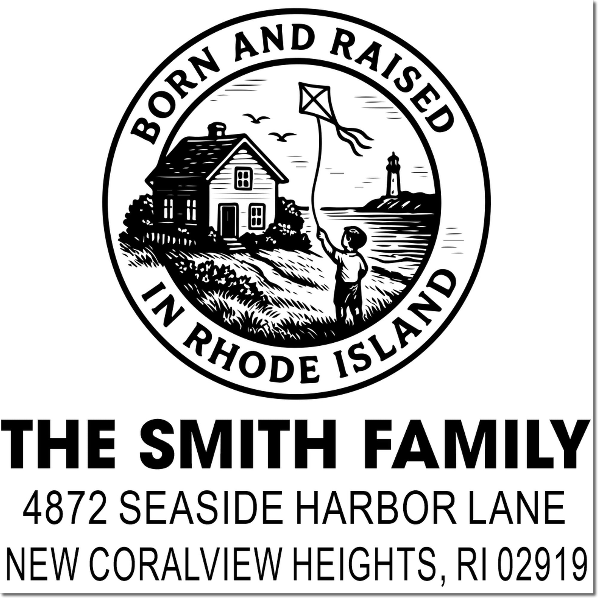 Custom Rhode Island family address rubber stamp with lighthouse logo, The Smith Family, and seaside address.
