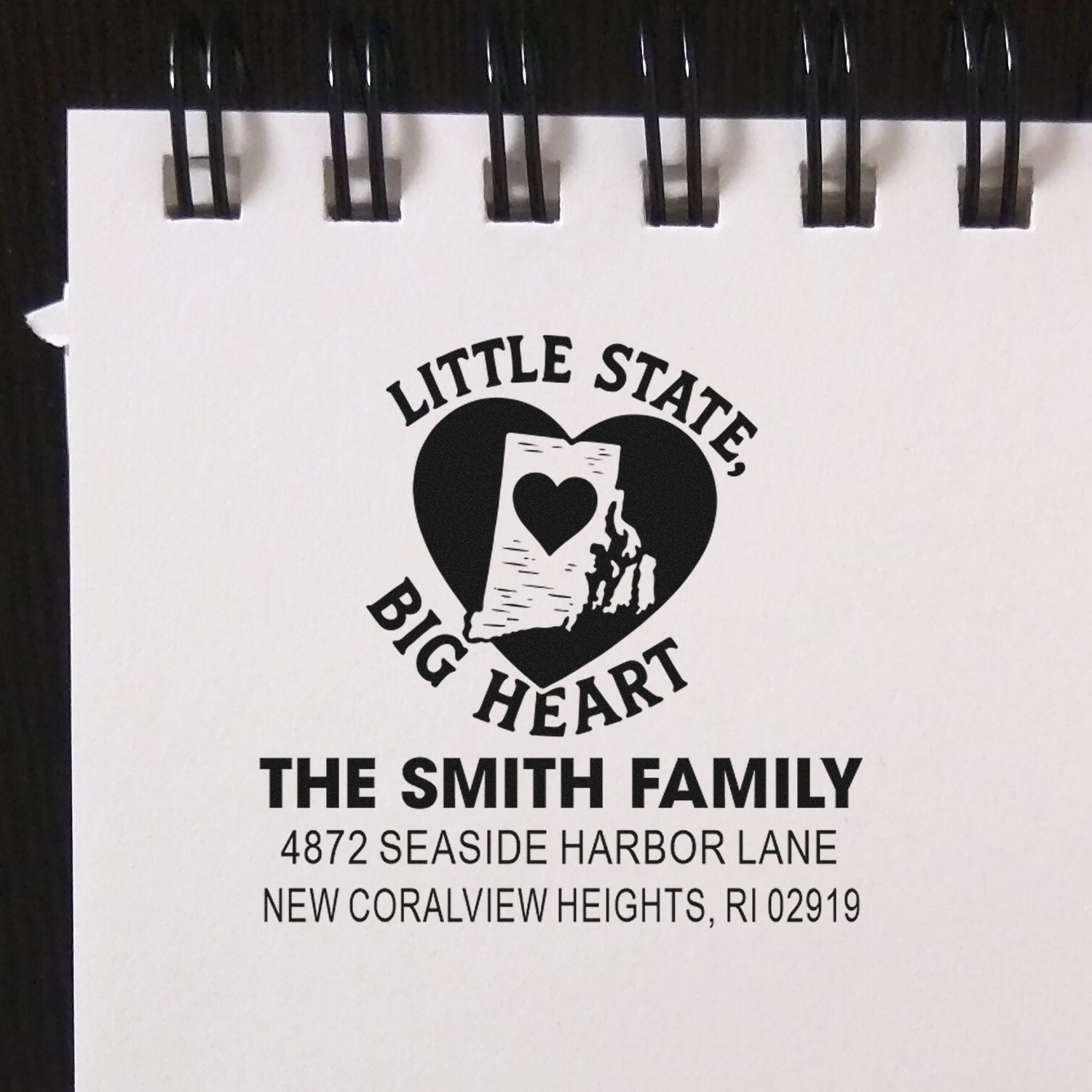 Custom family address rubber stamp with Little State, Big Heart Rhode Island design and The Smith Family return address.
