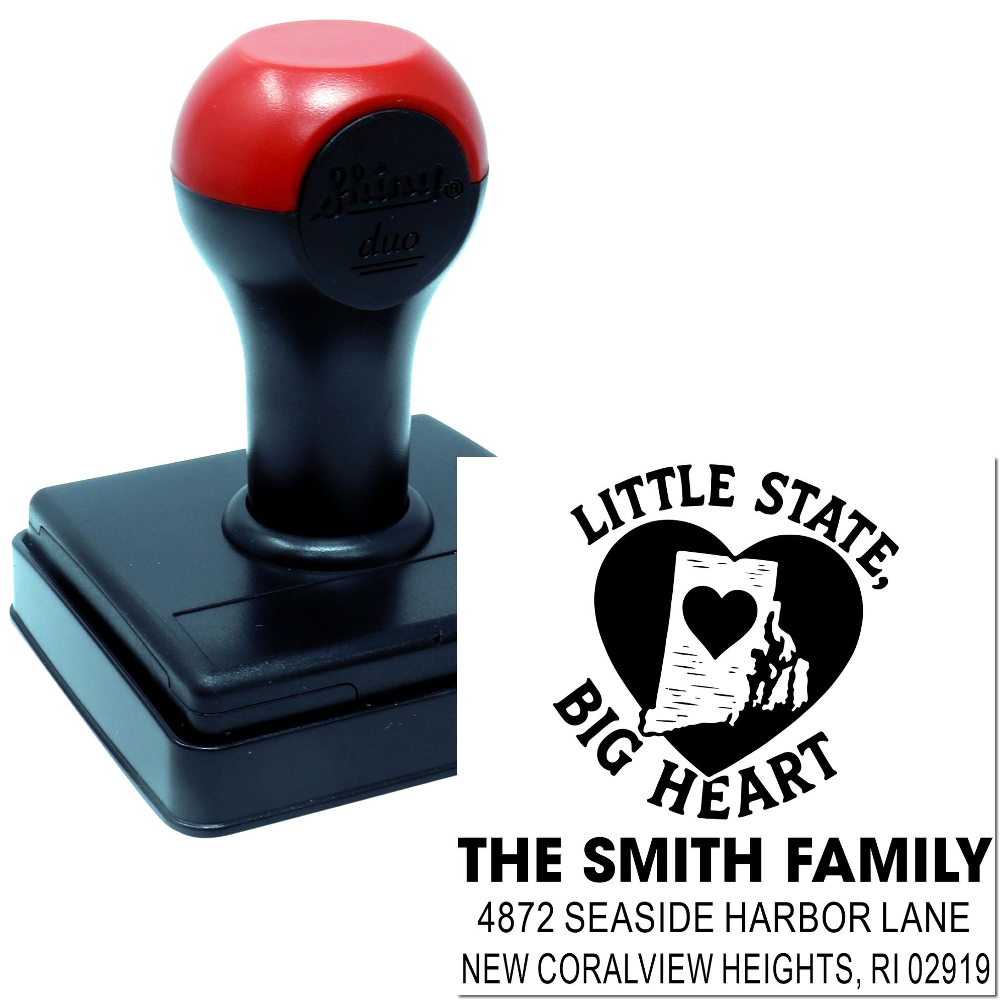 Custom self-inking return address rubber stamp with Rhode Island family design, Little State, Big Heart, and address imprint.
