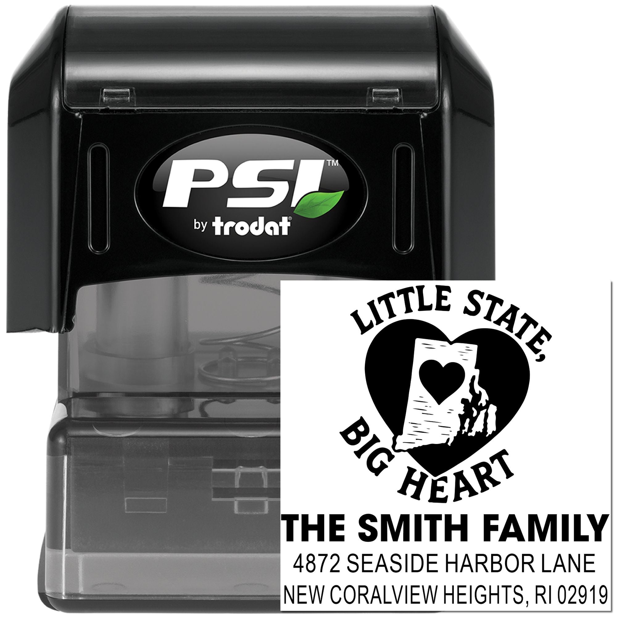PSI by Trodat custom rubber stamp for The Smith Family with Little State, Big Heart design and Rhode Island return address.