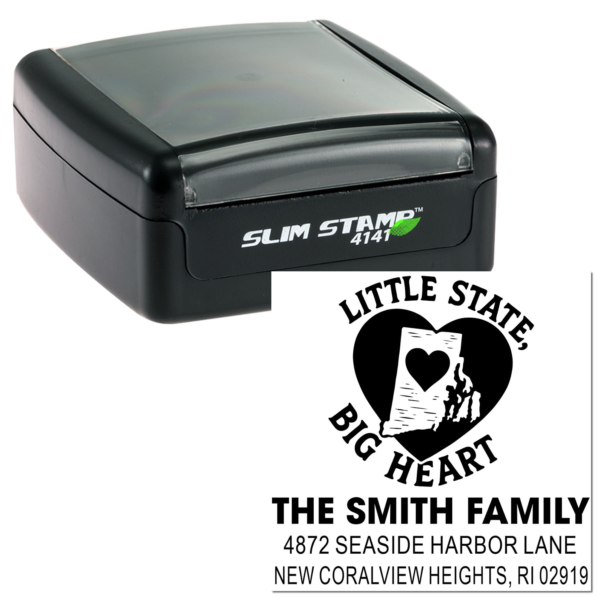 Custom self-inking rubber stamp featuring Rhode Island family return address design with Little State, Big Heart graphic.