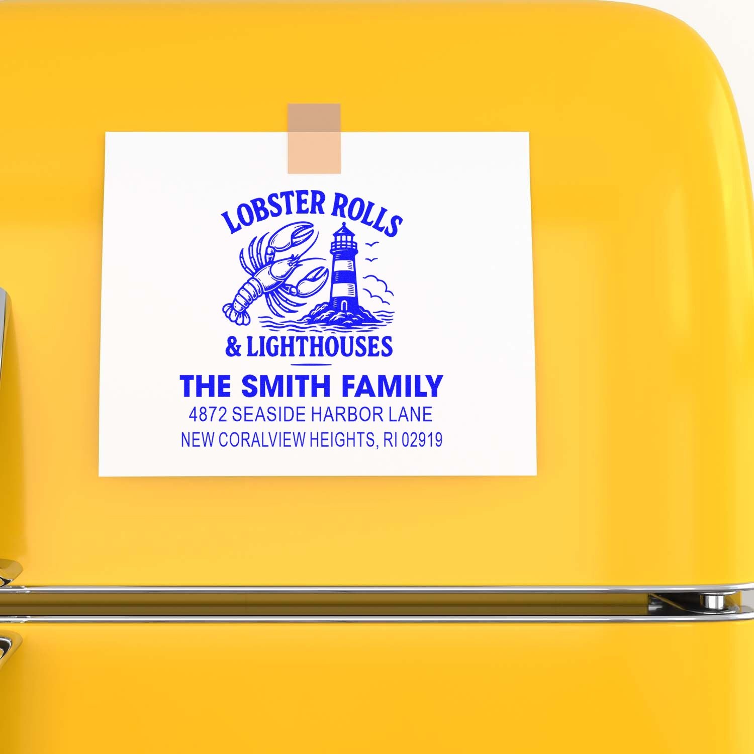 Personalized rubber return address stamp for The Smith Family, featuring lobster rolls, a lighthouse, and seaside address.