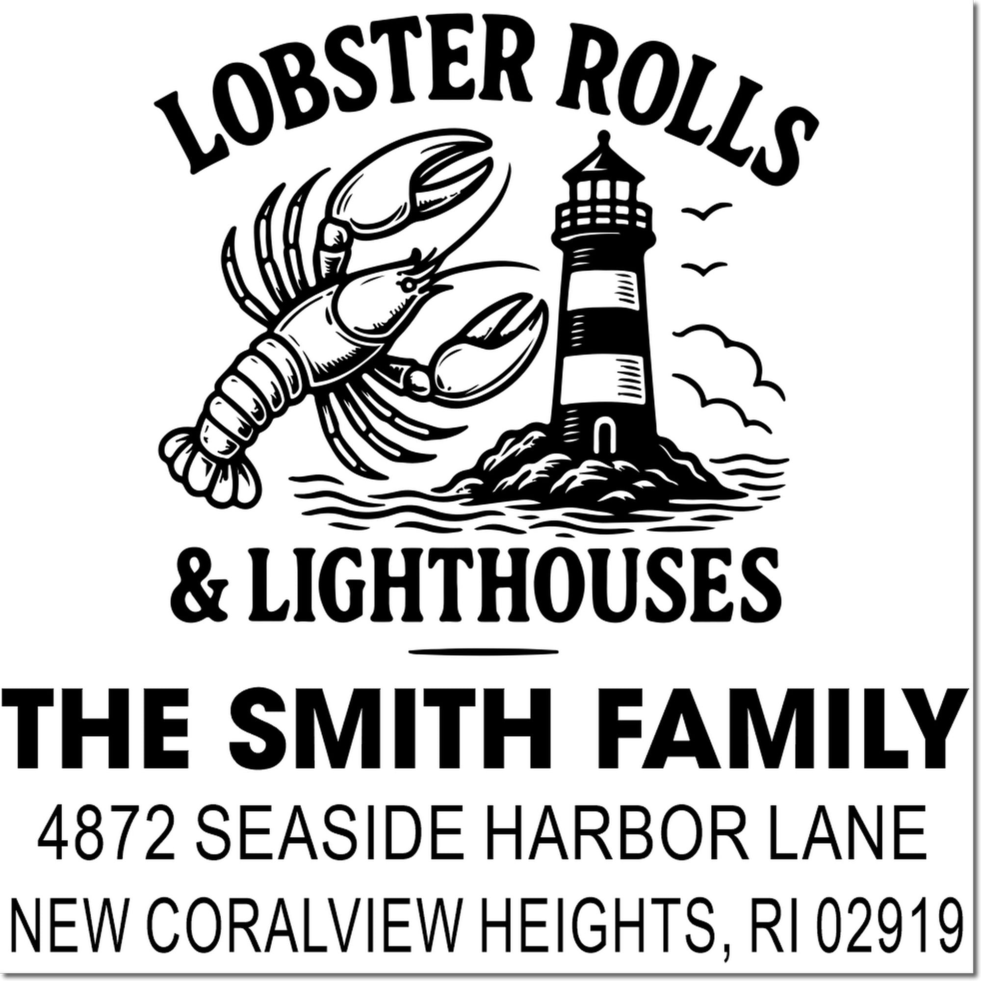 Custom rubber address stamp for Lobster Rolls & Lighthouses, The Smith Family, with lobster and lighthouse coastal design.